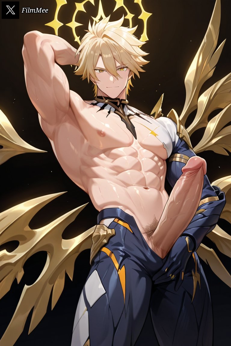 ai generated, bara, blond hair, blond male, blonde, blonde eyebrows, blonde hair, blonde pubic hair, blonde-haired male, filmmee, gay, honkai: star rail, male, male focus, male only, muscular, muscular male, phainon (honkai: star rail), yaoi