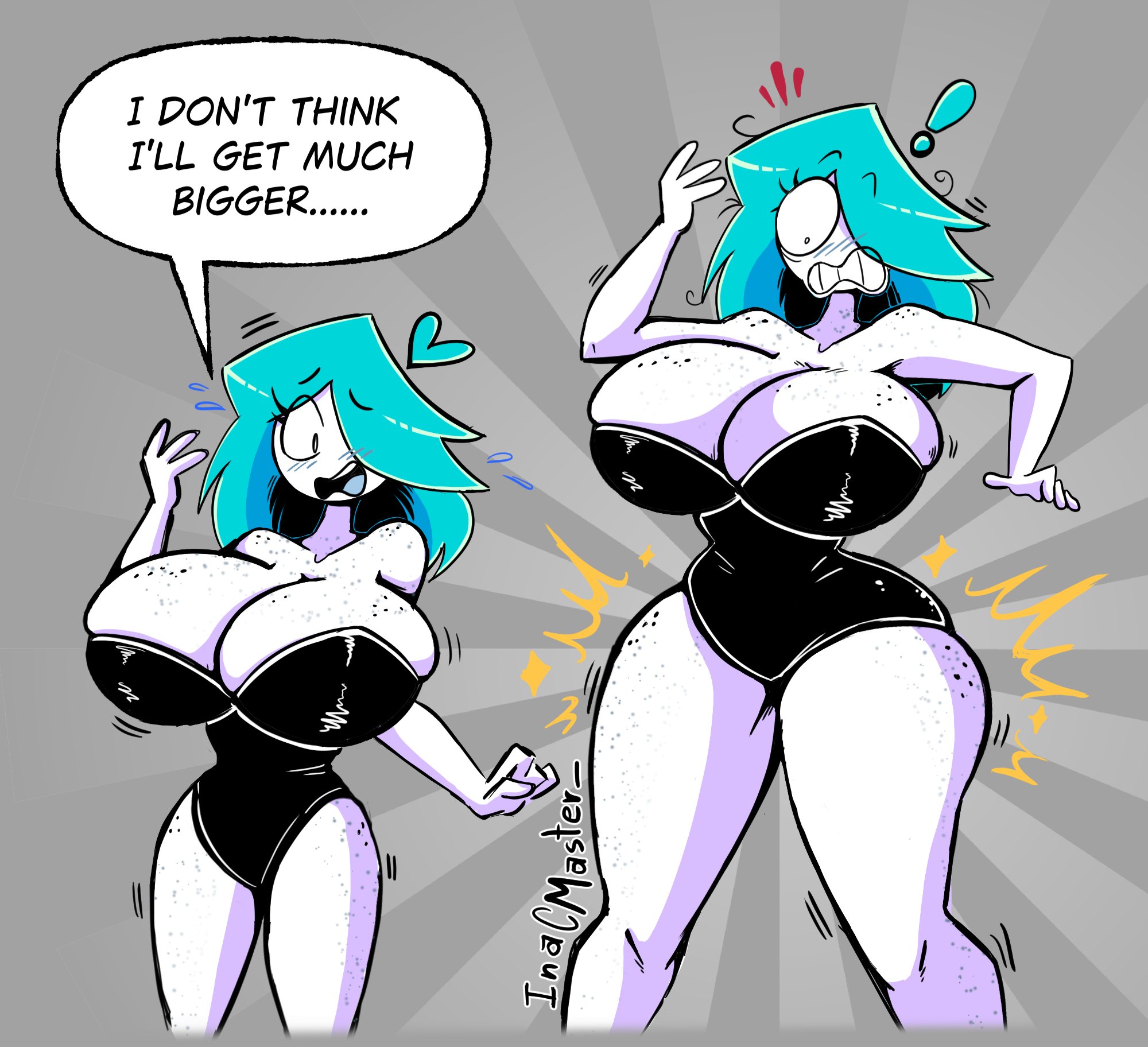 1girls, 2koma, before and after, blue eyes, blue hair, breast expansion, breast growth, breast growth (enlargement), breasts, comparing, dialogue, english text, female, female focus, female only, freckles, inacmaster, meme, nerida (inacmaster), one eye obstructed, original, shoulder length hair, small pupils, text, thigh expansion, white body, wide hips