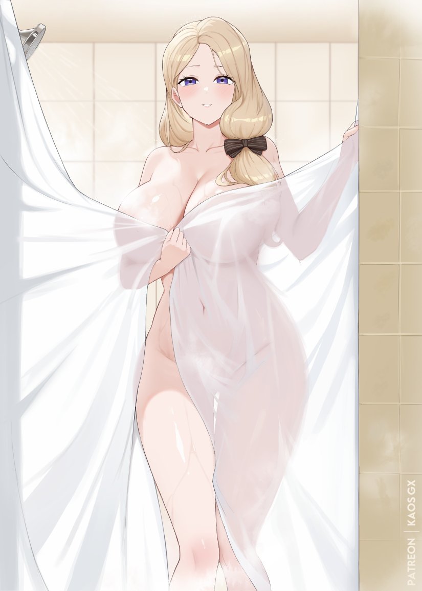 1girls, 2025, blonde hair, blush, breasts, female, female only, fire emblem, fire emblem: three houses, huge breasts, kaos art, large breasts, light skin, light-skinned female, looking at viewer, mercedes von martritz, nintendo, nude, nude female, purple eyes, shower, shower curtain, side ponytail, solo, thick thighs, tiles, wide hips