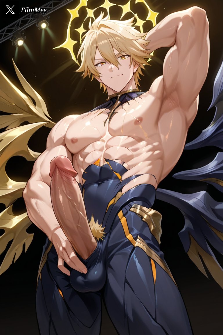 ai generated, bara, blond hair, blond male, blonde, blonde eyebrows, blonde hair, blonde pubic hair, blonde-haired male, filmmee, gay, honkai: star rail, male, male focus, male only, muscular, muscular male, phainon (honkai: star rail), yaoi