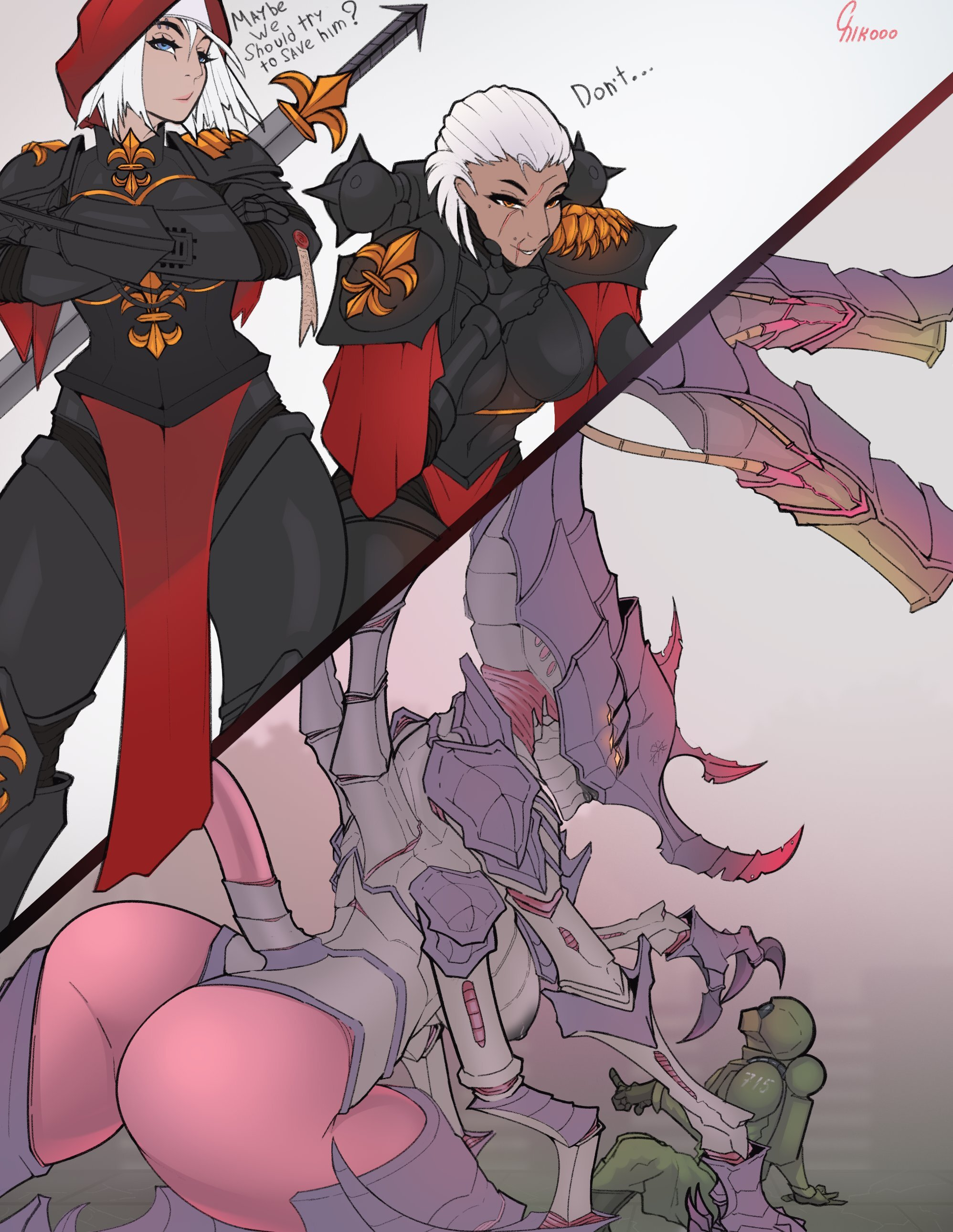 1boy, 3girls, adepta sororitas, alien, alien girl, astra militarum, bigger female, female, female tyranid, imperial guard, imperium of man, lstmchikooo, male, monster, monster girl, norn emissary, reverse rape, scar, sister of battle, tail, taller female, tyranid, warhammer (franchise), warhammer 40k, white hair