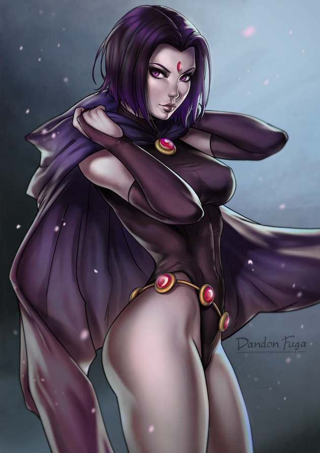 1girls, breasts, bridal gauntlets, cape, dandon fuga, dc, dc comics, female, female only, forehead mark, grey skin, leotard, looking at viewer, purple hair, rachel roth, raven (dc), smooth skin, solo, straight hair, teen titans