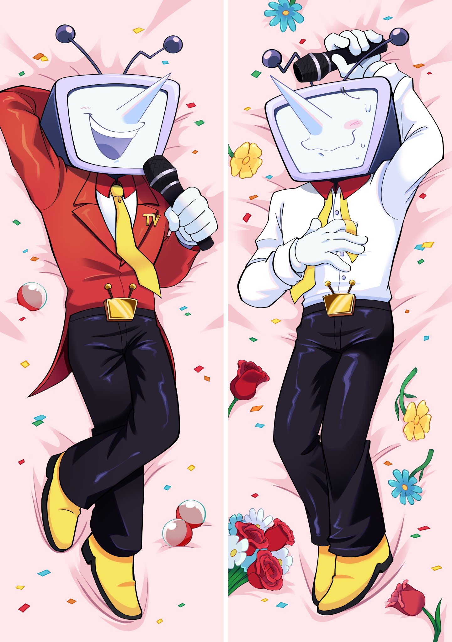2025, antennae, blush, body pillow, body pillow design, color, colored, confetti, dakimakura, dakimakura design, deltarune, deltarune chapter 3, digital drawing (artwork), digital media (artwork), flower, flowers, gashapon, hand behind head, laying, laying down, laying on back, laying on bed, lying, lying down, lying on back, lying on bed, microphone, on back, on bed, pointy nose, shy, smile, smiling, suit, suit and tie, tenna (deltarune), tie, tv, tv head