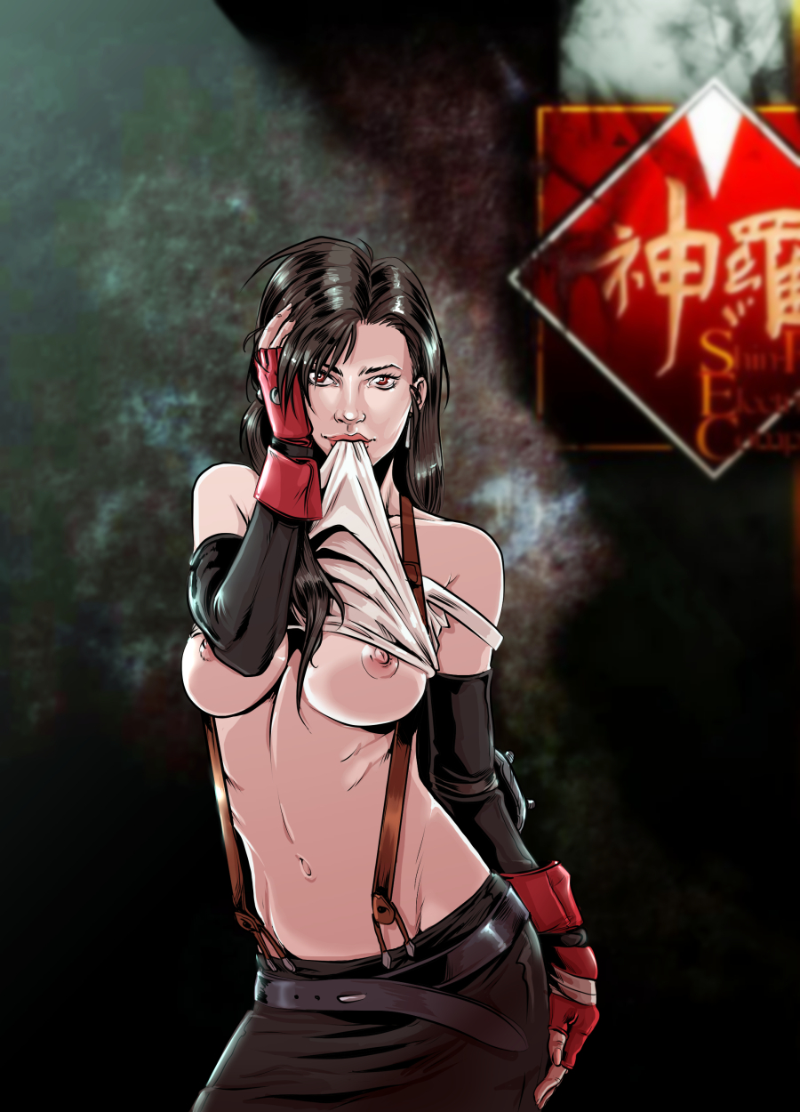 beltskirt, black hair, breasts, female, female only, final fantasy, final fantasy vii, human, looking at viewer, nipples, renx, shirt lift, skirt, solo, suspenders, tifa lockhart
