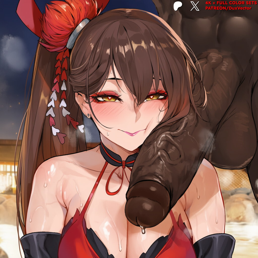 1boy, ai generated, azur lane, balls, bangs, bare shoulders, blush, breasts, brown hair, cheek poking, choker, cleavage, closed mouth, clothing, curvaceous female, dark skin, dark-skinned male, dress, duxvector, earrings, erection, female, gloves, hair ornament, heart, heart-shaped pupils, huge breasts, huge cock, interracial, jewelry, large breasts, large penis, lips, long hair, looking at viewer, makeup, male, netorare, night, ntr, onsen, penis, penis on face, poking, ponytail, red dress, red ribbon, smile, solo focus, steaming body, straight, sweat, symbol-shaped pupils, testicles, text, tongue, tongue out, upper body, veins, veiny penis, very dark skin, water, yellow eyes, zuikaku (azur lane)