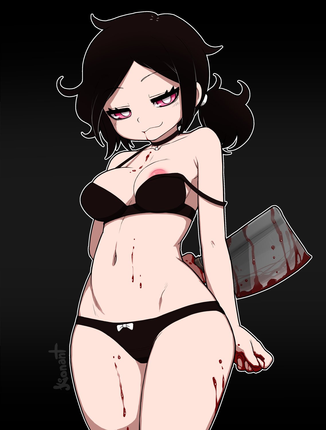 1girls 2025 artist_name ashley_graves black_background black_hair blood_on_face blood_stain bra breasts choker cleaver female female_only highres kionant light-skinned_female light_skin lingerie looking_at_viewer medium_breasts navel nipple_peek nipples panties pink_eyes ponytail solo the_coffin_of_andy_and_leyley watermark weapon weapon_behind_back wide_hips