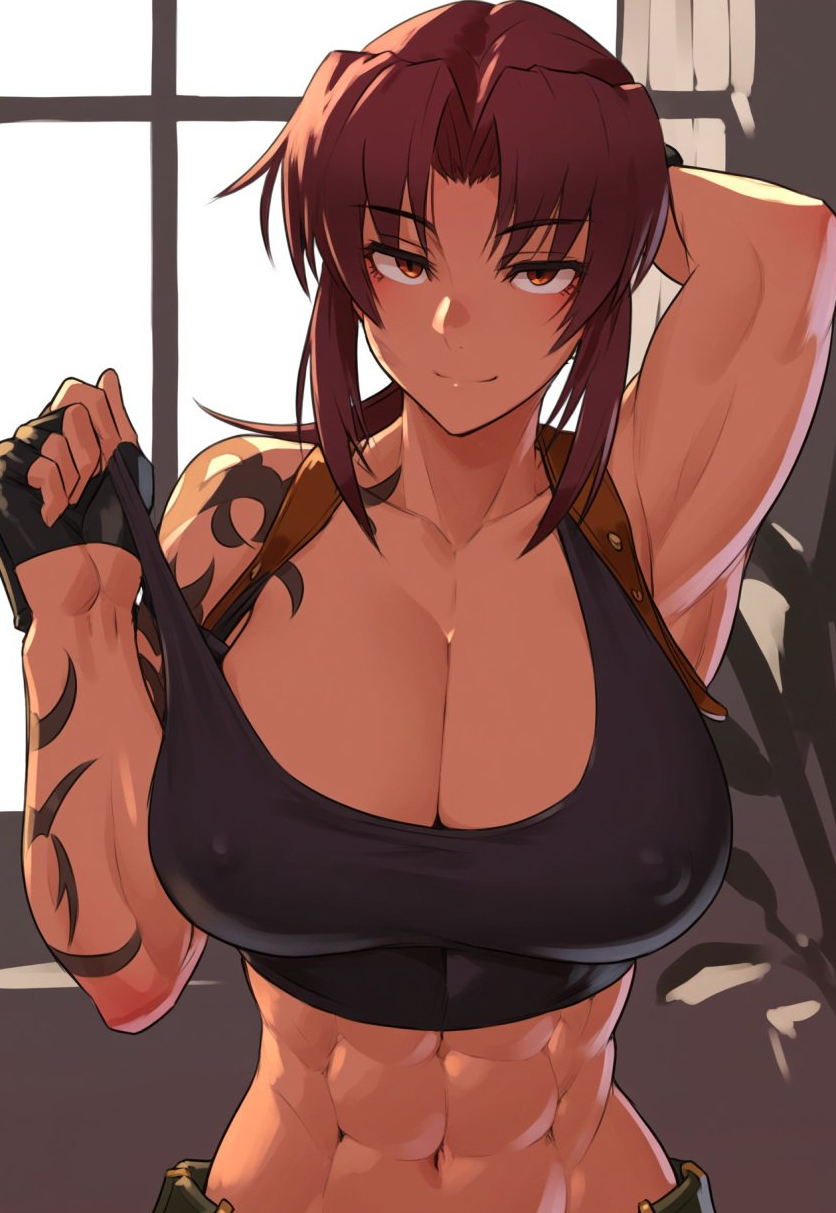 1girls abs ai_generated biceps black_lagoon breasts cleavage collarbone female large_breasts lifting_shirt looking_at_viewer medium_hair midriff muscle_mommy muscular muscular_female navel nipples_visible_through_clothing revy self_upload smile solo solo_female tagme tattoo tattooed_arm tomboy waist_up