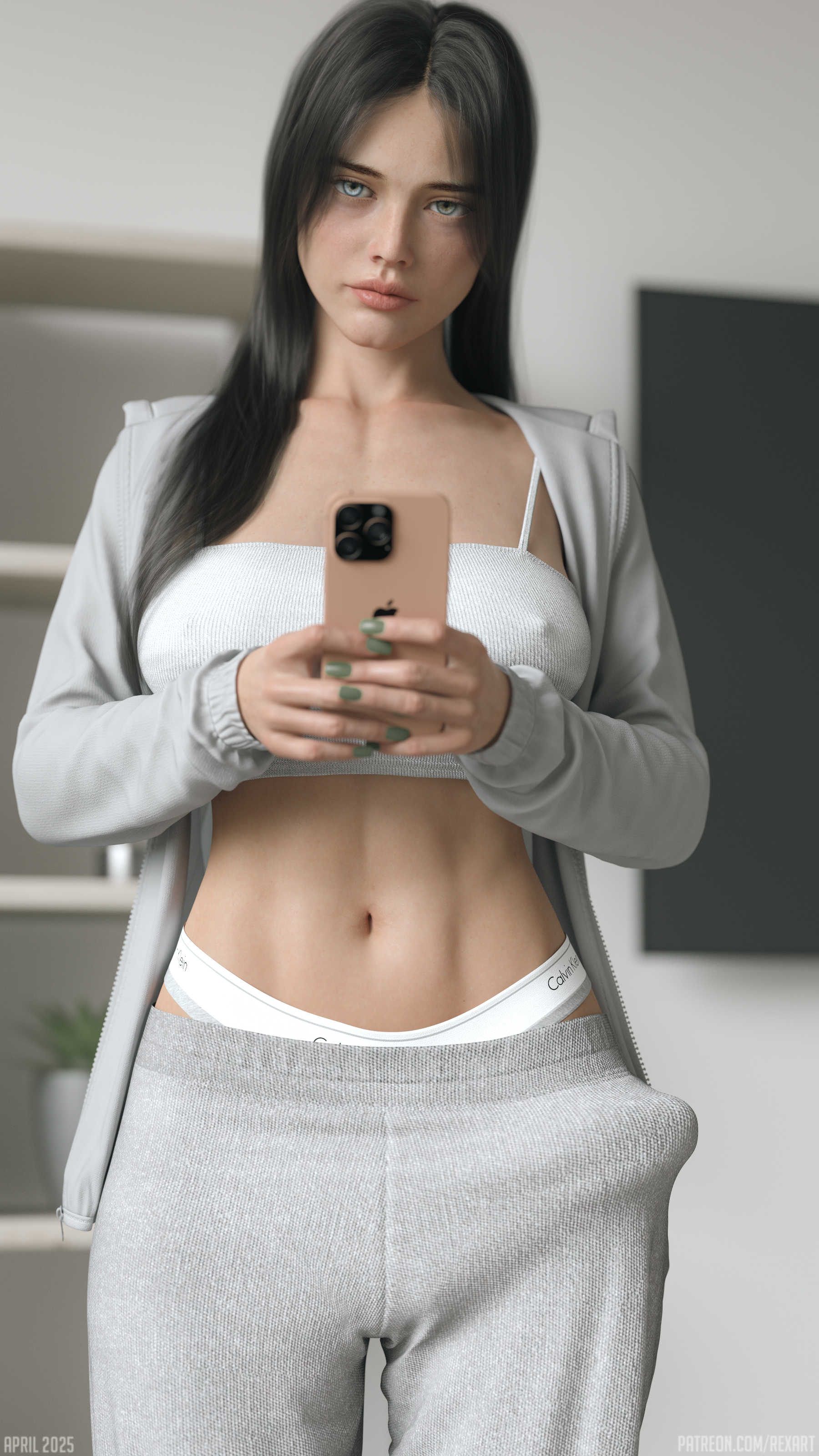 1futa, 2025, 3d, 3d (artwork), 3d model, 3d render, 3dx, abs, apple inc., artist name, belly, black hair, blue eyes, breasts, brown hair, bulge, bulge to side, calvin klein, casual, clothed, clothing, dark hair, day, daytime, daz studio, dickgirl, dressed, eye contact, eyebrows, eyelashes, eyes, futa focus, futa only, futanari, green eyes, heterochromia, hi res, highres, hips, human, indoors, intersex, iphone, kelly (rexart), light skin, light-skinned futa, lips, long hair, looking at viewer, medium breasts, nails, nipple bulge, original, original character, panties, pants, patreon username, penis, penis bulge, realistic, rexart, secrets of rockfield, self upload, selfie, solo, sweatpants, tagme, taking picture, topwear, waist