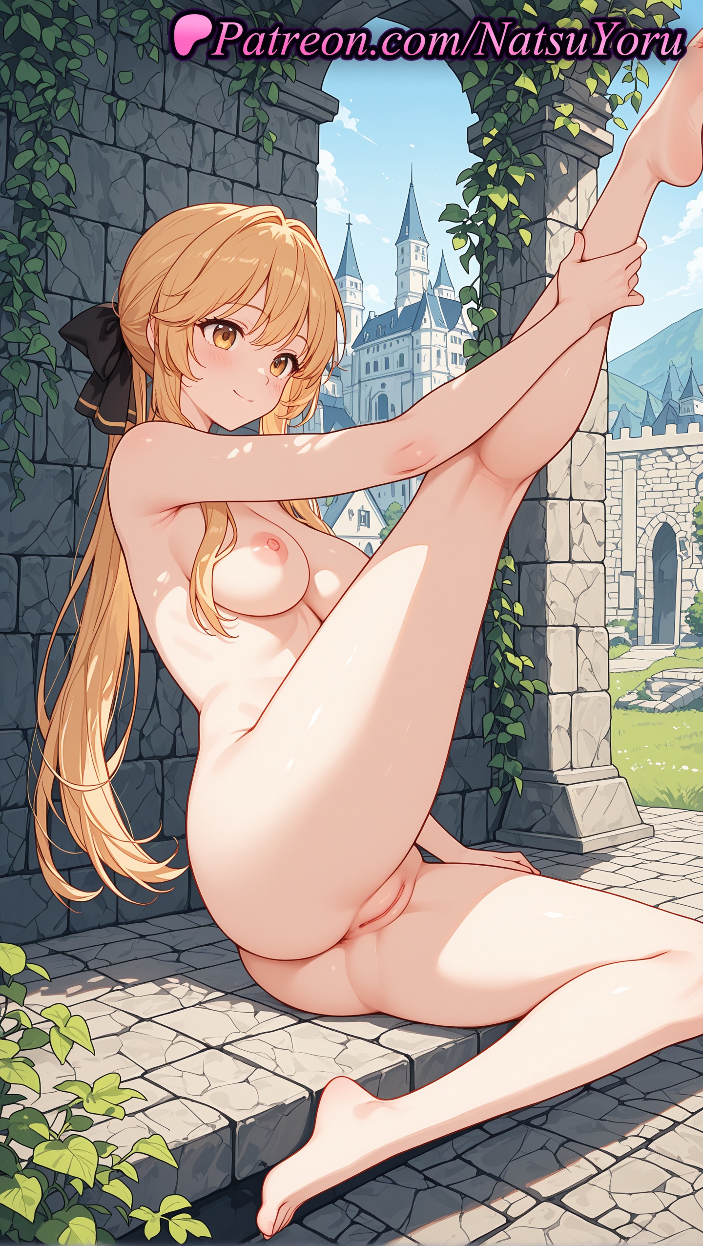 1girls, 2025, ai generated, anus, ass, barefoot, black bow, blonde hair, blush, bow, breasts, castle, cleft of venus, closed mouth, completely nude, feet, female, genitals, genjitsu shugi yuusha no oukoku saikenki, hair ribbon, hairbow, hi res, highres, leg up, legs, liscia elfrieden, long hair, looking at viewer, medium breasts, natsuyoru, nipples, nude, oshiri, outdoors, patreon, plant, ponytail, pussy, ribbon, sitting, smile, solo, thighs, tight pussy, toes, tower, uncensored, vagina, voluptuous, voluptuous female, yellow eyes