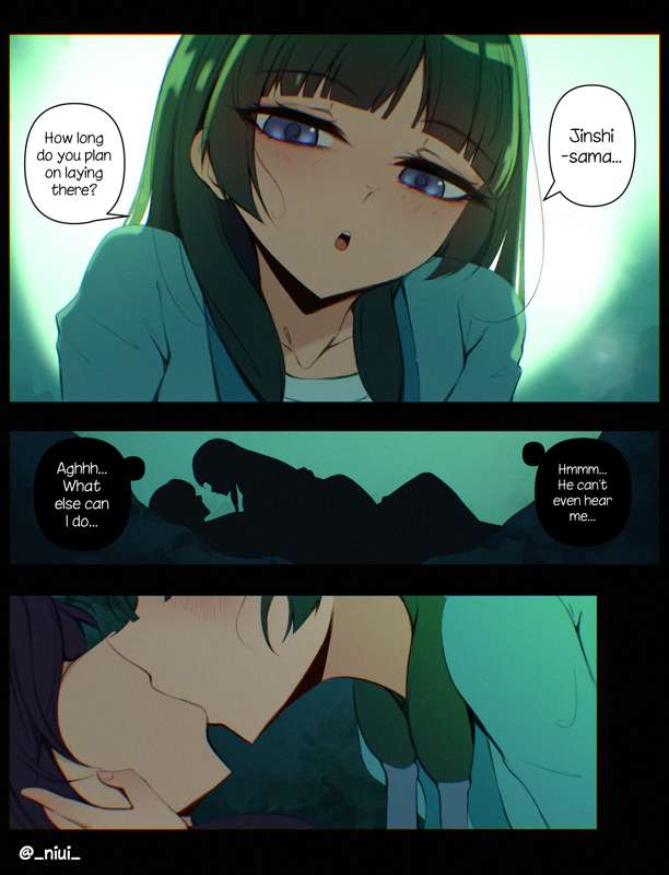 1boy, 1girls, blue eyes, dialogue, female, green hair, jinshi (kusuriya no hitorigoto), kissing, kusuriya no hitorigoto, male, maomao (kusuriya no hitorigoto), niui, purple hair, straight, thought bubble, tsundere