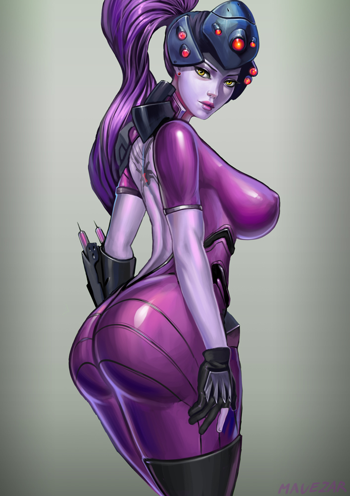 1girls, ass, bodysuit, breasts, erect nipples, female, female only, gloves, huge breasts, large ass, long hair, looking at viewer, mavezar, nipple bulge, nipples, overwatch, purple hair, shiny suit, solo, wide hips, widowmaker, yellow eyes
