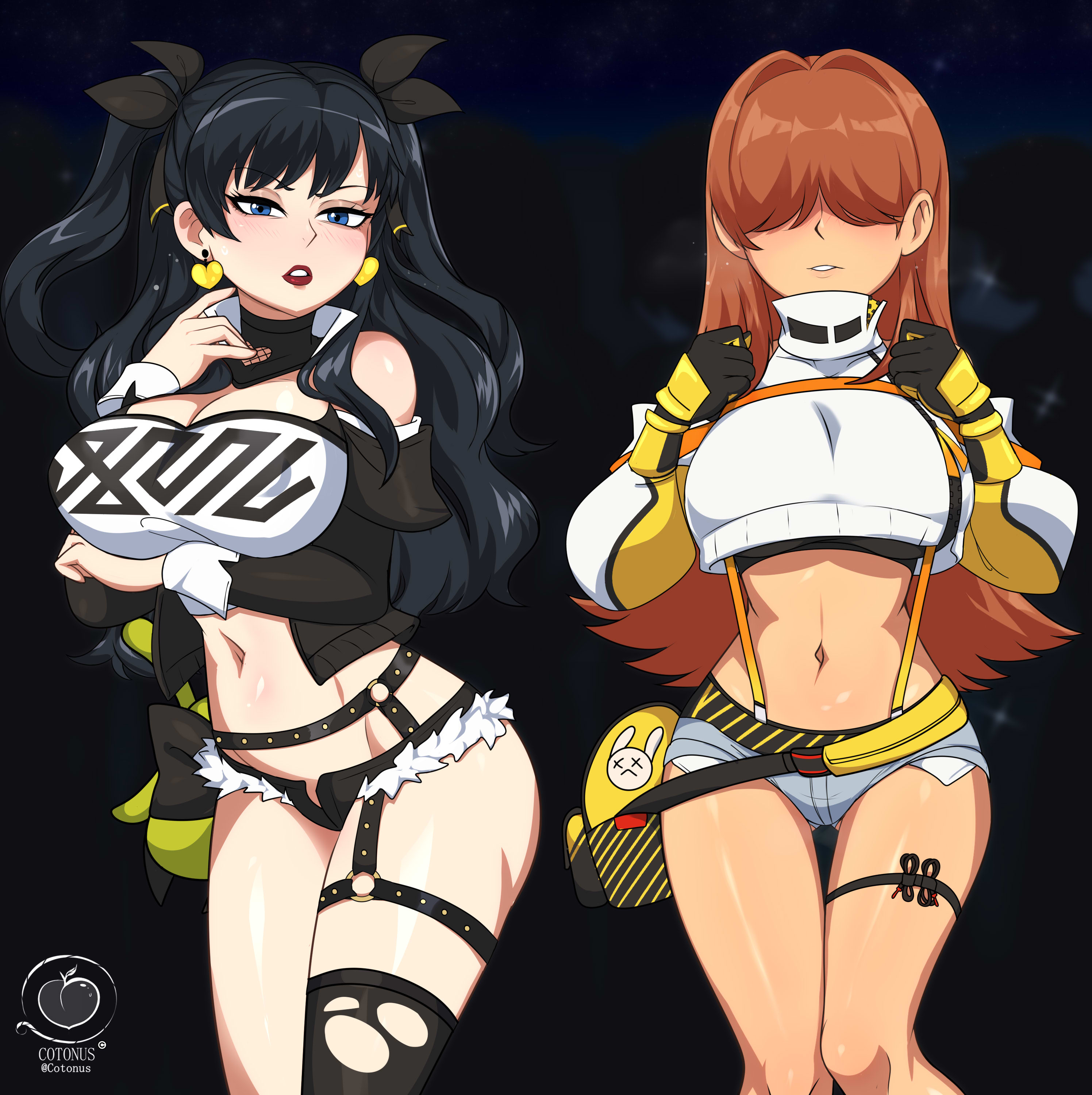 2girls, big breasts, black hair, blue eyes, blush, breasts, cartoon artstyle, cosplay, cotonus, earrings, elegg (nikke) (cosplay), female, final fantasy, final fantasy xiv, gaia (ffxiv), goddess of victory: nikke, long hair, looking at viewer, navel, nicole demara (cosplay), orange hair, revealing clothes, ryne waters, shorts, square enix, thighs, zenless zone zero