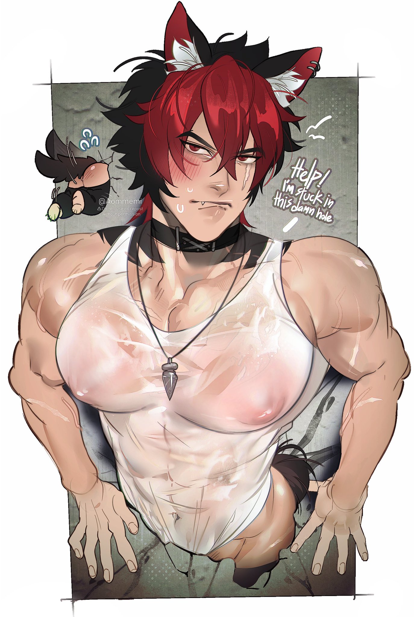 1boy, animal ears, aommemi, ass, big pecs, blush, clothed, clothing, komano manato, male, male focus, male only, muscular, muscular male, nipples, nipples visible through clothing, pecs, solo, solo focus, stuck, stuck in wall, sweat, sweatdrop, tail, zenless zone zero