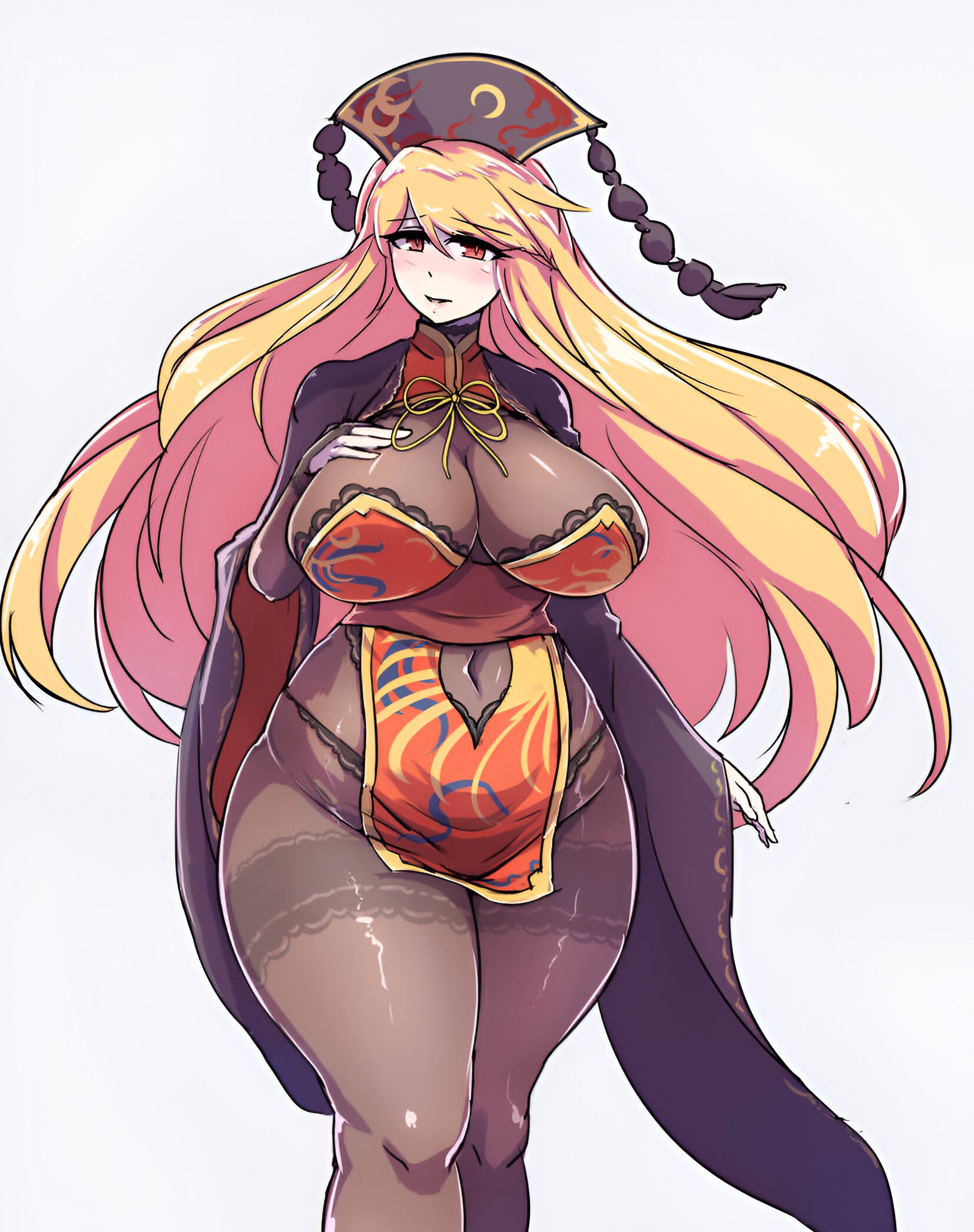 1girls, bbw, bbw mom, black legwear, black panties, blonde hair, bodystocking, breasts, brown pantyhose, dalachi (headdress), enajii, erotic, female, huge breasts, junko (touhou), long hair, long sleeves, mature female, milf, naughty face, naughty smile, pantyhose, plump, seductive look, solo female, tabard, thick thighs, touhou, touhou project