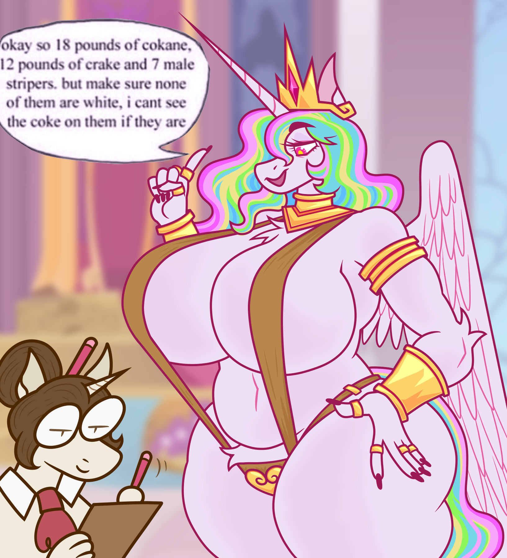 big breasts, breasts, cleavage, dapper little arts, english text, female, furry, huge breasts, my little pony, princess celestia (mlp), sling bikini, tagme, text, thick thighs, typo, wide hips