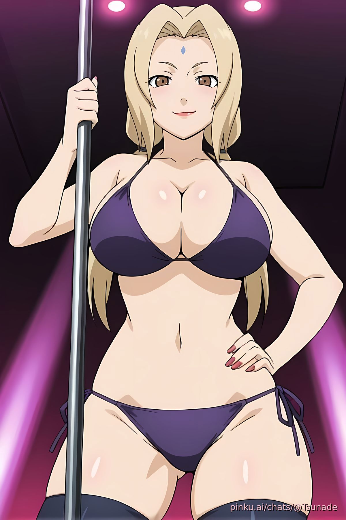 ai generated, big breasts, bikini, breasts, female, frontal, hand on hip, looking at viewer, naruto, naruto (series), naruto shippuden, nightclub, pinku.ai, purple side-tie bikini, side tie bikini, smirk, stripper pole, thick thighs, thighhighs, tsunade