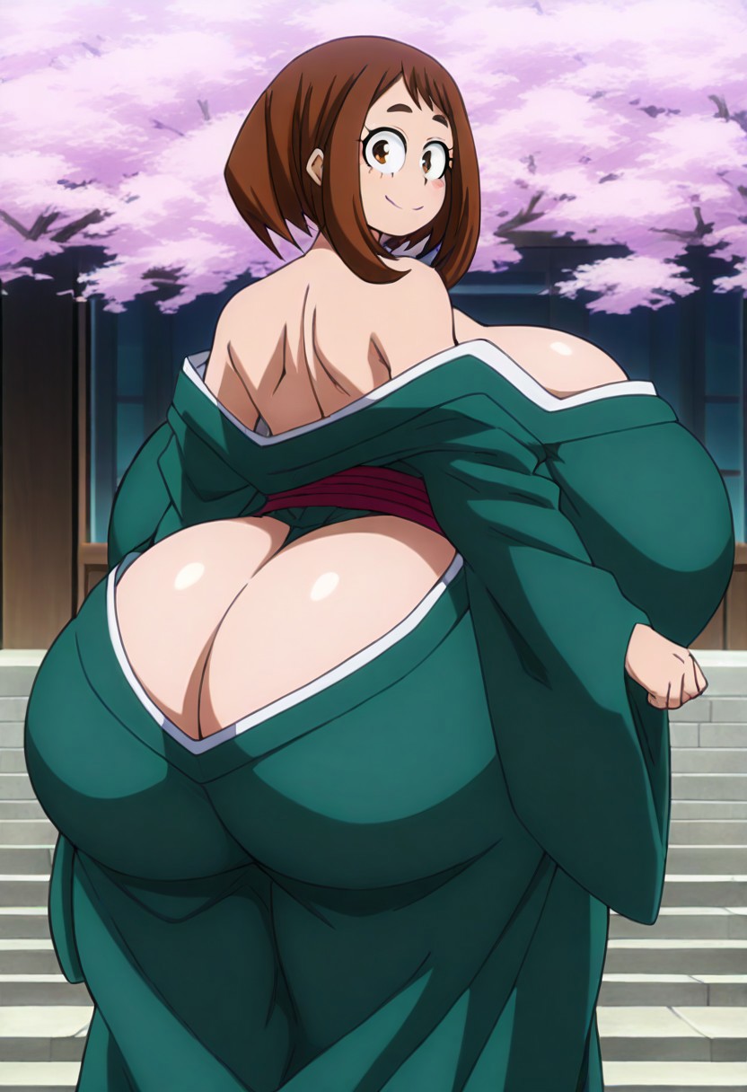 ai generated, ass, breasts, female, gigantic ass, gigantic breasts, kimono, looking at viewer, looking back, my hero academia, ochako uraraka