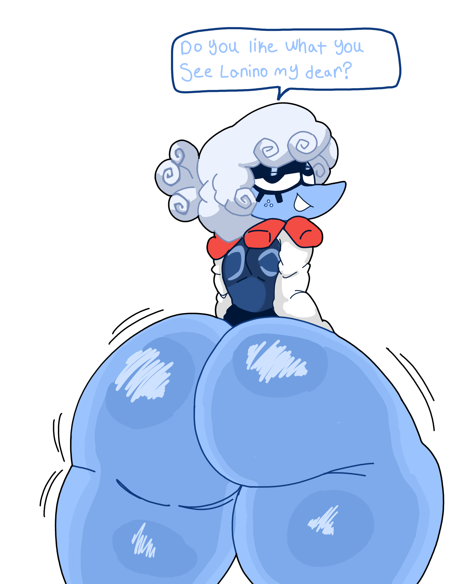 1girls, action lines, ass, ass bigger than head, ass focus, back view, big ass, big butt, blue skin, bottomless, cloud humanoid, deltarune, deltarune chapter 3, do you like what you see?, elnina (deltarune), english text, eyeshadow, female, female only, huge ass, huge butt, huge thighs, looking at viewer, partially clothed, sl33py demon, solo, text, text bubble, topwear, undertale (series), white background, white hair, wide hips