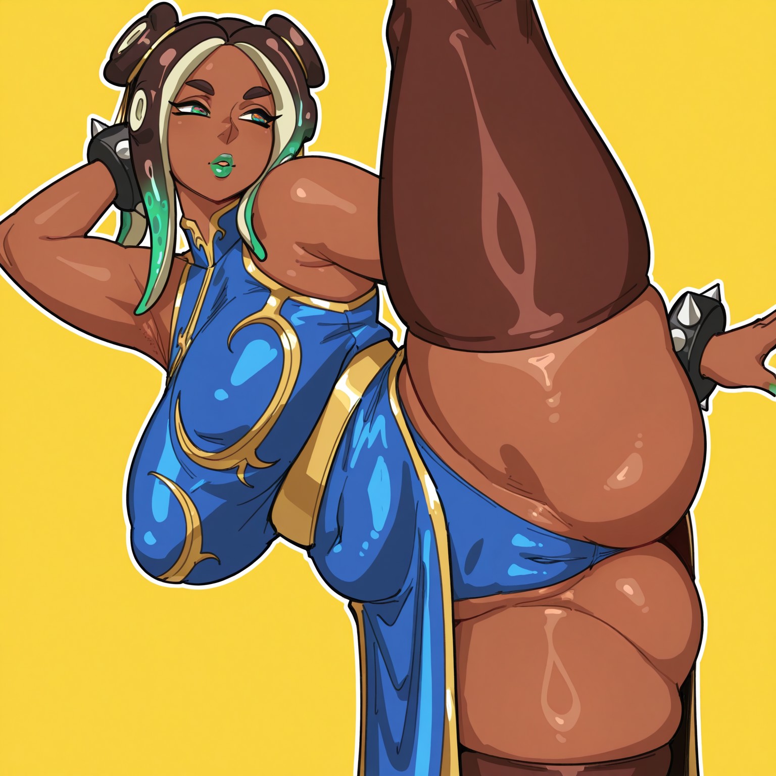 1girls, 2025, ai generated, alternate version available, big breasts, bimbosadako, black stockings, blue dress, breasts, cameltoe, chun-li (cosplay), cosplay, crossover, crossover cosplay, dark skin, dark-skinned female, dress, female, marina (splatoon), nintendo, pussy, simple background, solo, splatoon, splatoon (series), splatoon 2, splits, standing, standing on one leg, standing split, stockings, street fighter, thick thighs, thighhighs, thighs, vertical splits, yellow background