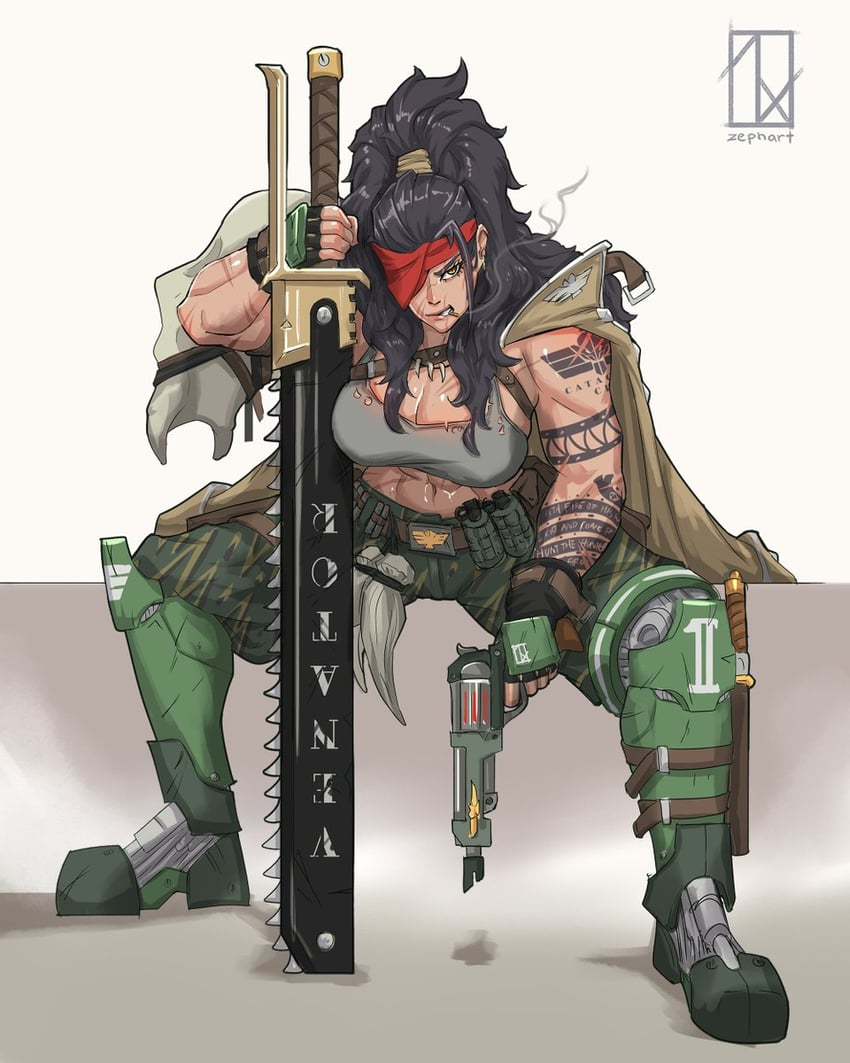 abs arm_tattoo armor artist_logo artist_name astra_militarum black_hair blonde_hair breasts camouflage camouflage_pants catachan_jungle_fighter chainsword charm_(object) cigarette coat explosive eyepatch female fingerless_gloves gloves greaves grenade gun handgun highres knife large_breasts logo long_hair muscular muscular_female oerba_yun_fang pants pauldrons ponytail prosthesis prosthetic_leg revolver scar scar_on_arm scar_on_face shoulder_armor shoulder_tattoo single_pauldron sitting skull smile smoking solo tank_top tattoo thick_thighs thighs warhammer_40k weapon zephart