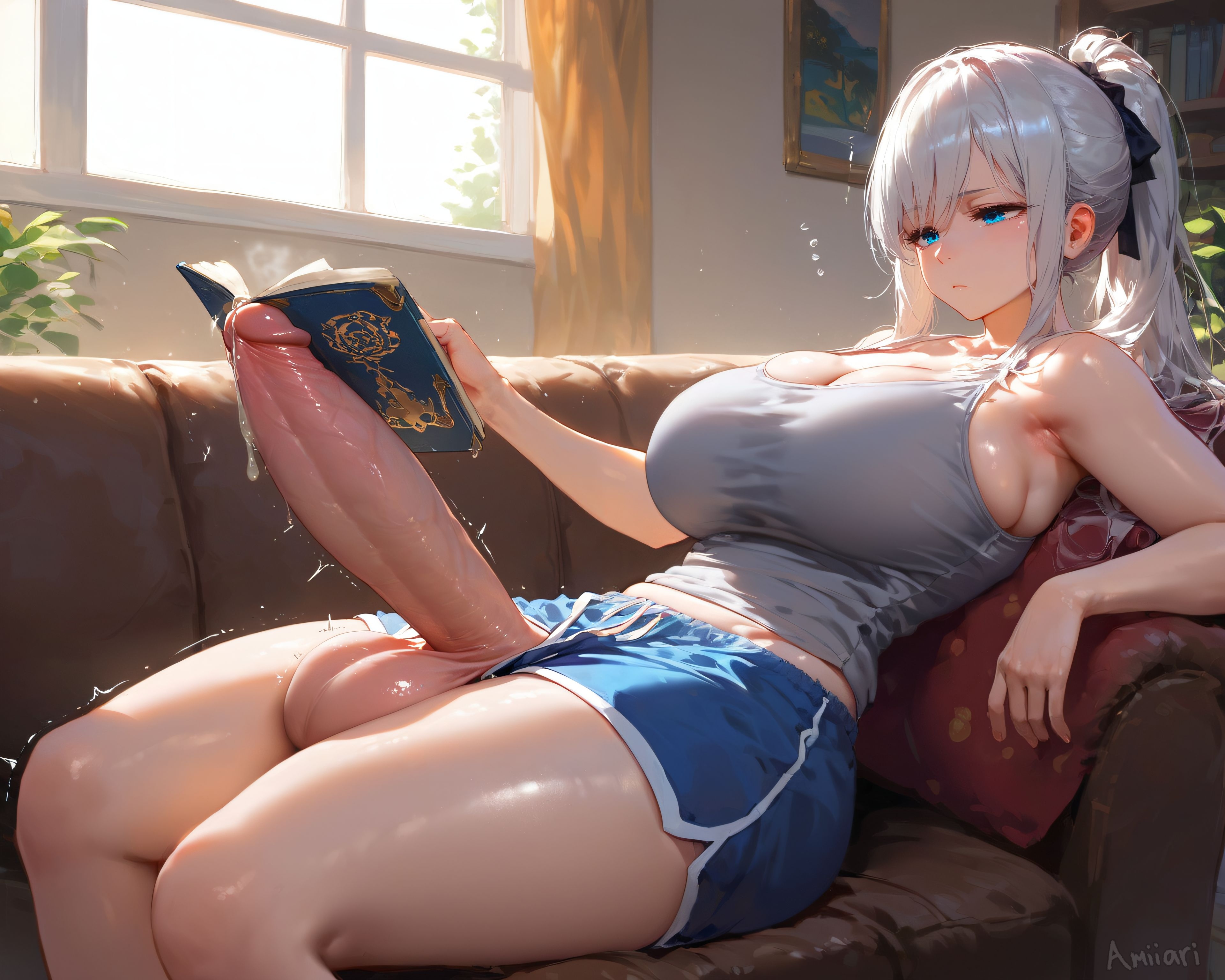 1futa, absurd res, ai generated, amiiari, annoyed, ass, big breasts, big penis, blue eyes, book, breasts, casual, casual erection, couch, detailed, dickgirl, dolphin shorts, dripping, erection, futa only, futanari, grey hair, highres, horny, huge ass, huge breasts, imminent masturbation, inconvenient penis, intersex, kayla (amiiari), large penis, laying down, lazy, long penis, massive penis, on back, penis, penis to the knees, precum, precum drip, precum string, reading, shorts, silver hair, sitting, skindentation, tank top, thick thighs, tired, tired eyes, unwanted erection, white hair