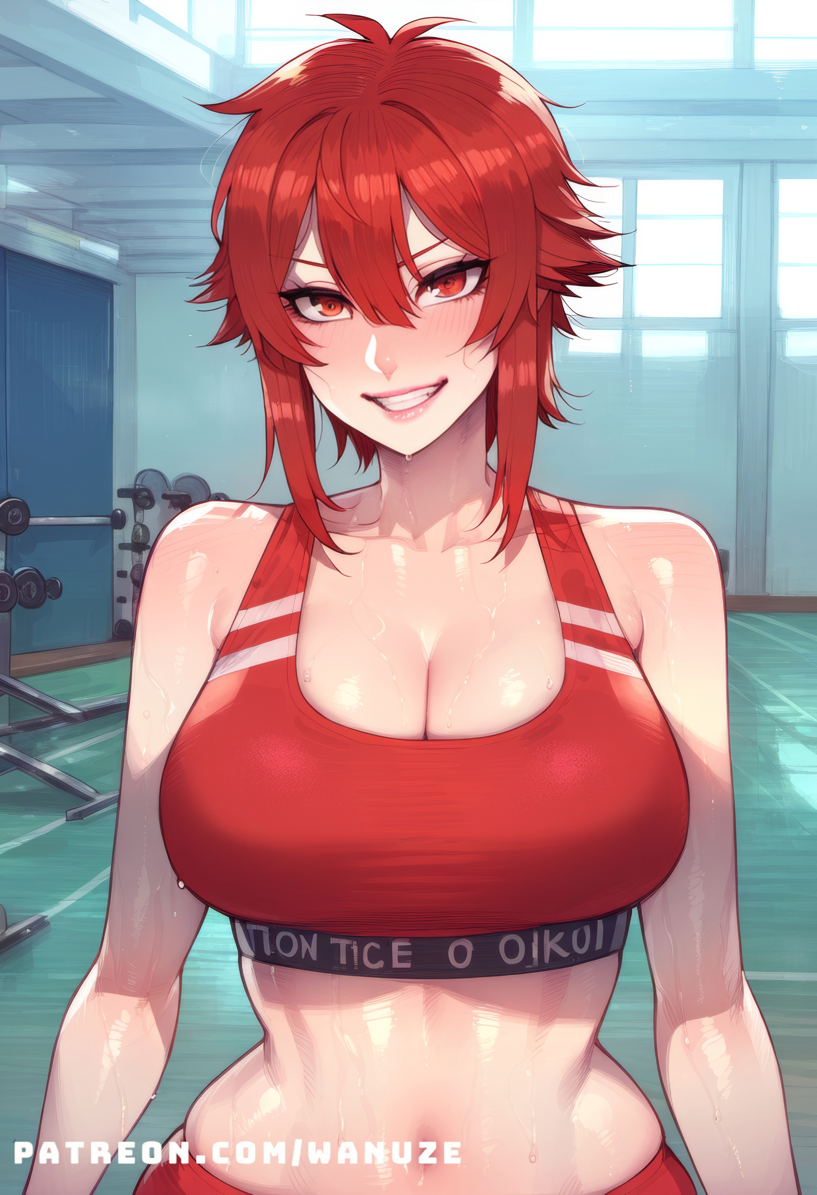 ai generated, aizawa tomo, ass, big ass, big breasts, big butt, big thighs, blush, breasts, female, female only, huge ass, huge breasts, huge butt, huge thighs, red eyes, red hair, short hair, sports bra, sportswear, tomo-chan wa onna no ko, wanuze, wide hips