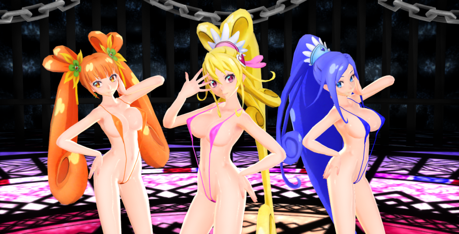 3d aida_mana bikini blonde_hair blue_eyes blue_hair brown_eyes brown_hair cure_diamond cure_heart cure_rosetta dokidoki!_precure hishikawa_rikka magical_girl medium_breasts mikumikudance mmd pink_eyes precure pretty_cure sling_bikini swimsuit tda yotsuba_alice