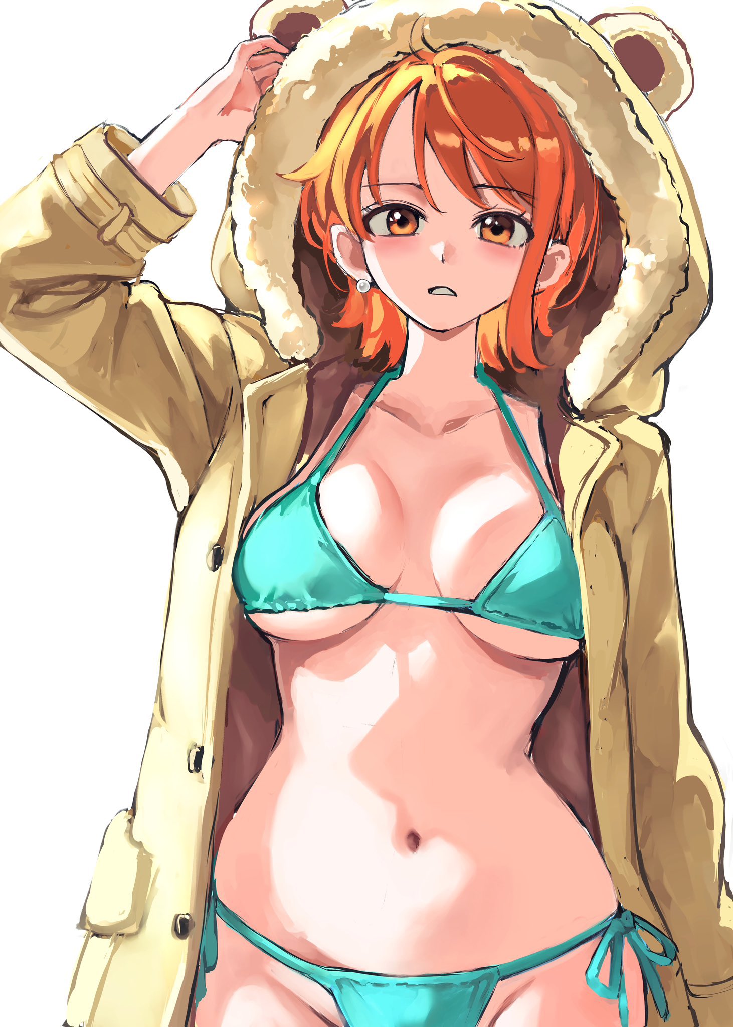 1girls, bare belly, bare chest, bare hands, bare hips, bare legs, bare midriff, bare navel, bare shoulders, bare thighs, belly, belly button, big breasts, bikini, bikini bottom, bikini only, bikini top, blue bikini, blue bikini bottom, blue bikini top, blue string bikini, blue swimsuit, blue swimwear, breasts, brown coat, brown jacket, busty, busty female, busty teenager, clothing, coat, collarbone, curvaceous, curvaceous body, curvaceous female, curvaceous figure, curvaceous hips, curvy, curvy body, curvy female, curvy figure, curvy hips, earrings, exposed arms, exposed belly, exposed chest, exposed hips, exposed legs, exposed midriff, exposed navel, exposed shoulders, exposed skin, exposed thighs, eyebrows visible through hair, female, female focus, female only, fingers, groin, half naked, half nude, halterneck, hand above head, hand up, high resolution, highres, hourglass figure, huge breasts, jacket, kasumi6, large breasts, lean figure, lips, long hair, looking at viewer, midriff, naked, naked female, naked woman, nami (one piece), narrow waist, navel, nude, nude female, nudity, one piece, open coat, open jacket, orange eyebrows, orange eyes, orange hair, orange-eyed female, orange-haired female, parted bangs, plump breasts, pre-timeskip, semi nude, side-tie bikini, simple background, slender body, slender waist, slim waist, solo, standing, string bikini, swimsuit, swimwear, upper body, white background, wide hips
