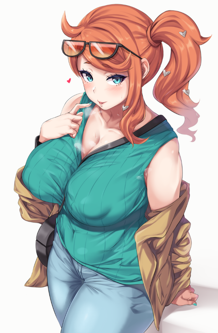 1girls, aqua eyes, aqua nails, bag, between breasts, blush, breasts, coat, eyewear on head, female, hair ornament, heart, heart hair ornament, large breasts, long sleeves, looking at viewer, nail polish, nintendo, nipples visible through clothing, orange hair, pants, pokemon, pokemon ss, side ponytail, solo, sonia (pokemon), strap between breasts, tongue