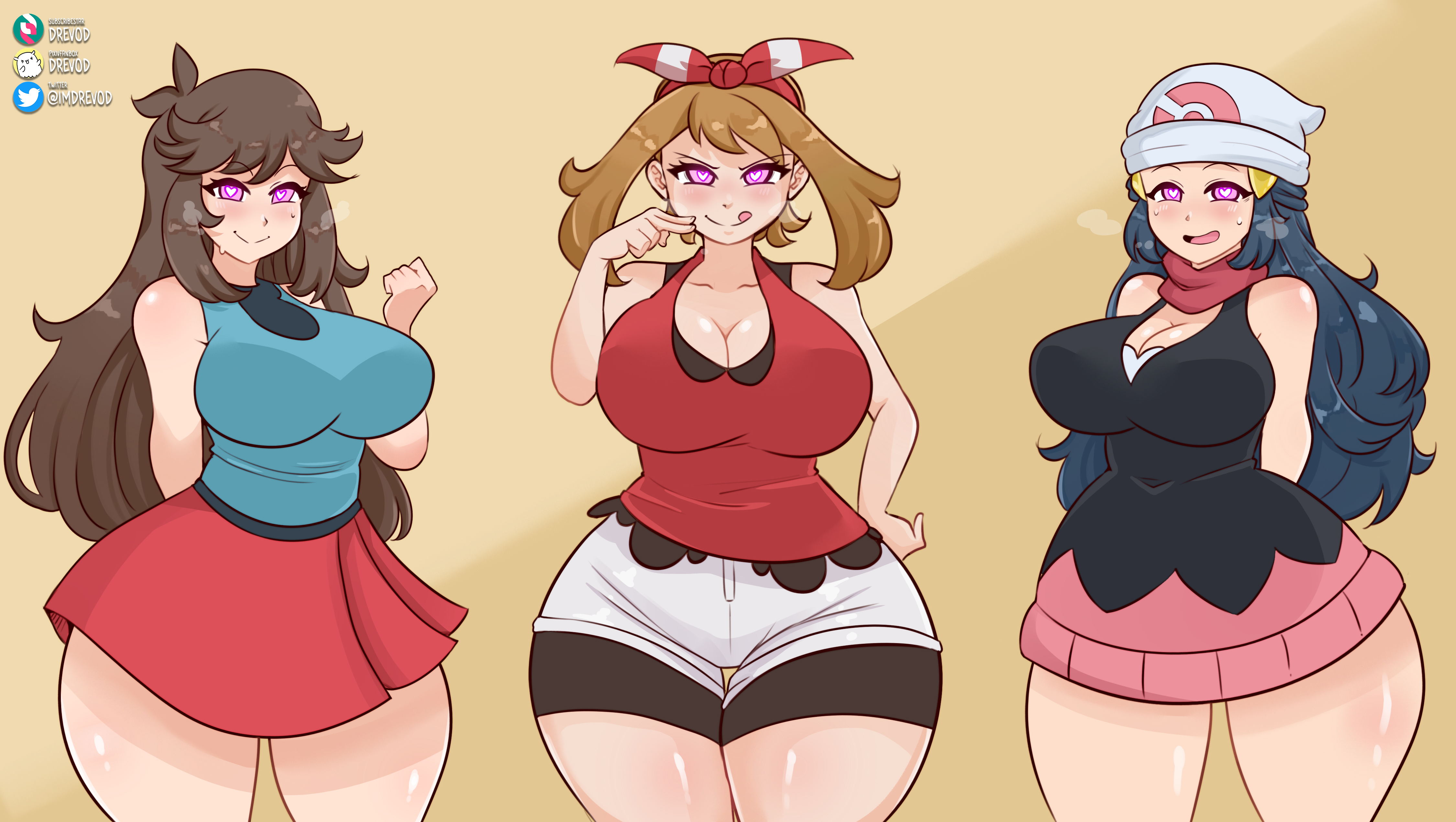 3girls, before sex, blue hair, breasts, brown hair, captured, captured heroine, dawn (pokemon), drevod, female, game freak, horny female, leaf (pokemon), may (pokemon), mind control, nintendo, pokemon, pokemon dppt, pokemon frlg, pokemon protagonist, pokemon rse, purple hair, thick thighs, thighs, trio