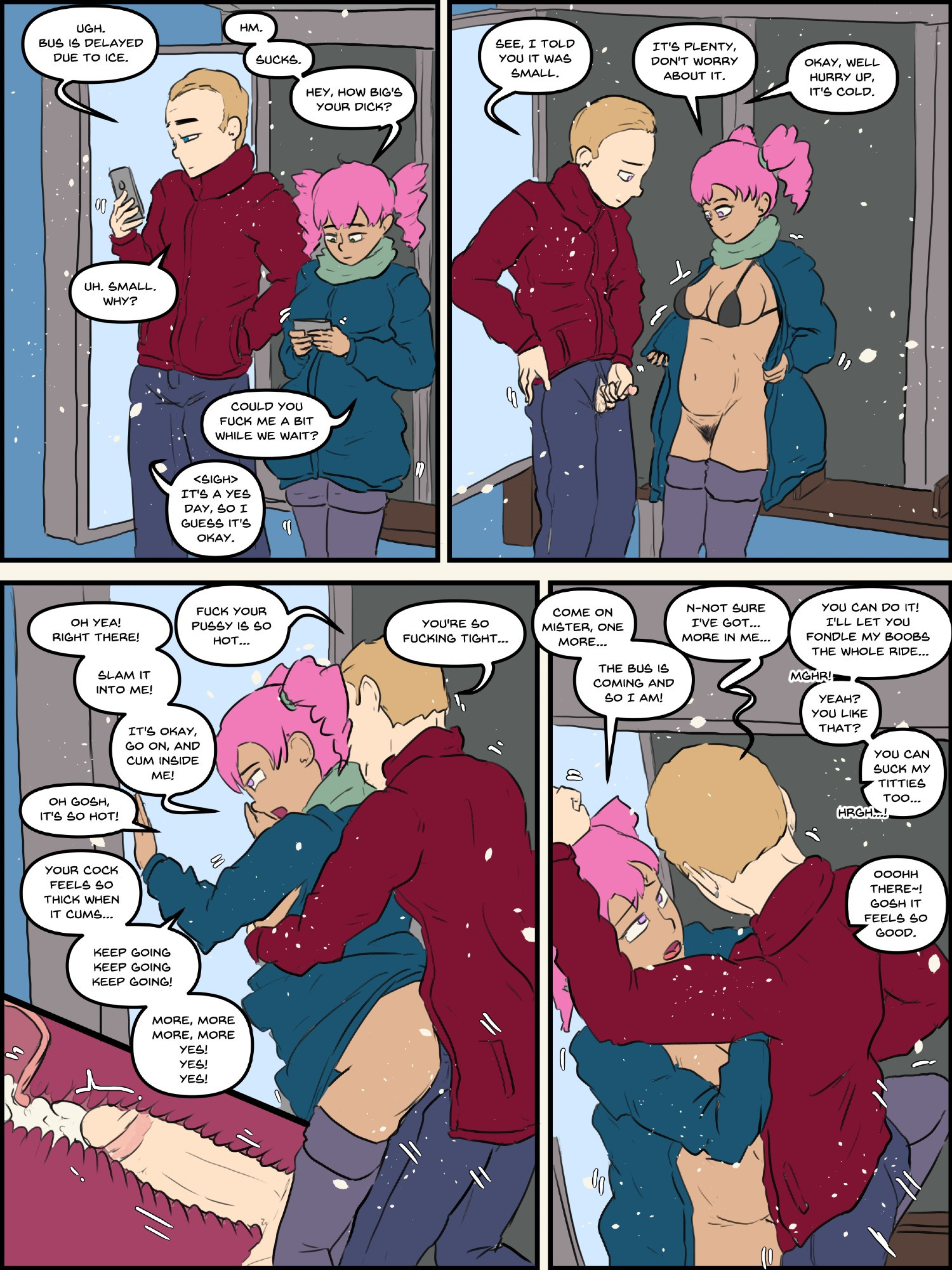 2d, 2d (artwork), bus stop, casual, casual free use, change in common sense, clothing, dialogue, ejaculation, electronics, female, free use, group, human, hypercasual, internal, male, negative inspiration, nonchalant, original, outdoors, outerwear, pale skin, phone, public, pussy, snow, straight, vaginal penetration, yes day