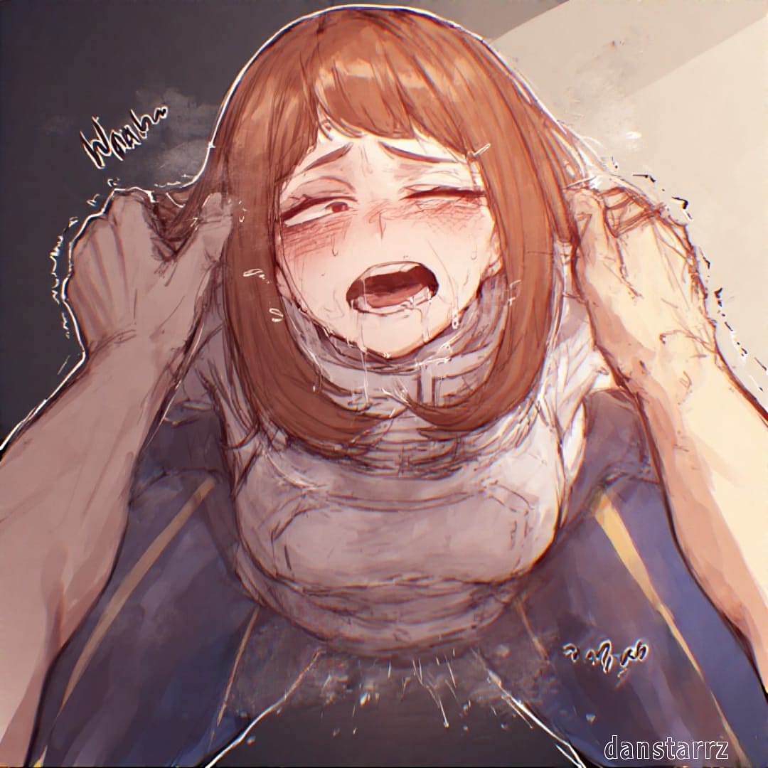 1boy, 1girls, ahe gao, brown hair, brown-haired female, danstarrz, drooling, female, horny, horny female, male, ochako uraraka, squirting, steam, steaming body, trembling, twitter, twitter username, unseen male, uraraka ochako