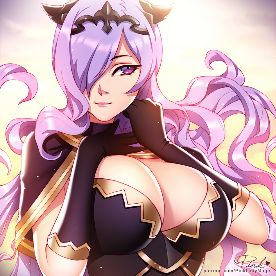breasts, camilla (fire emblem), capelet, cleavage, closed mouth, elbow gloves, female, fire emblem, fire emblem fates, gloves, hair over one eye, large breasts, lips, long hair, nintendo, parted lips, pinkladymage, purple eyes, purple hair, shiny, shiny clothes, sidelocks, smile, solo, tiara, upper body, very long hair, wavy hair