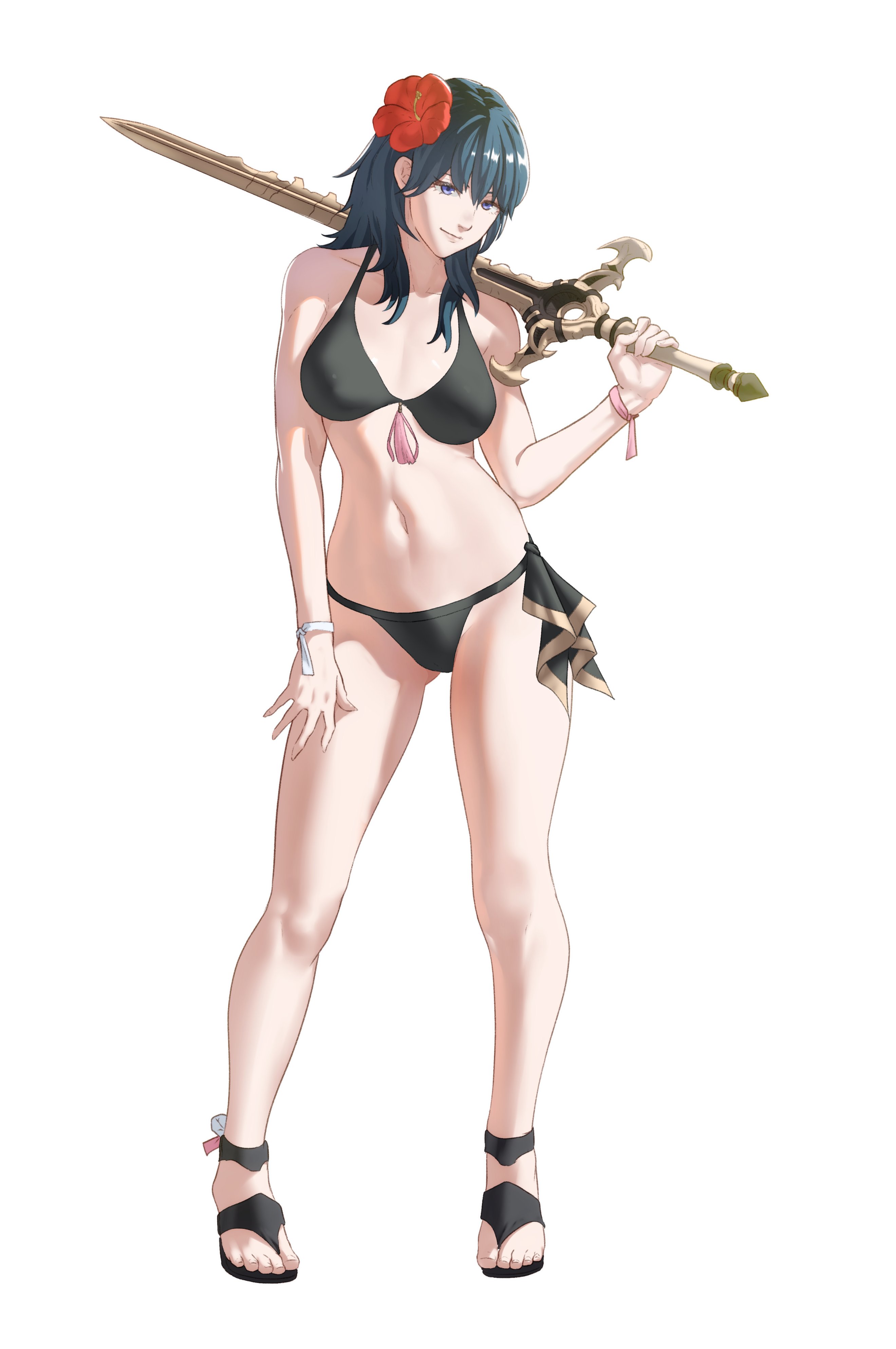 1girls, absurdres, ass visible through thighs, bare arms, bare legs, bare shoulders, bare thighs, bikini, black bikini, black swimsuit, blue hair, breasts, byleth (fire emblem), byleth (fire emblem) (female), byleth (fire emblem) (female) (summer), byleth (summer) (fire emblem) (female), closed mouth, collarbone, eyelashes, feet, female, female only, fire emblem, fire emblem heroes, fire emblem: three houses, flower, full body, gold trim, hair flower, hair ornament, hand up, highres, holding, holding sword, holding weapon, large breasts, legs, looking at viewer, medium hair, navel, nintendo, official alternate costume, over shoulder, pomelomelon, red flower, sandals, shadow, simple background, solo, standing, stomach, swimsuit, sword, sword of the creator, sword over shoulder, toenails, toes, weapon, weapon over shoulder, white background