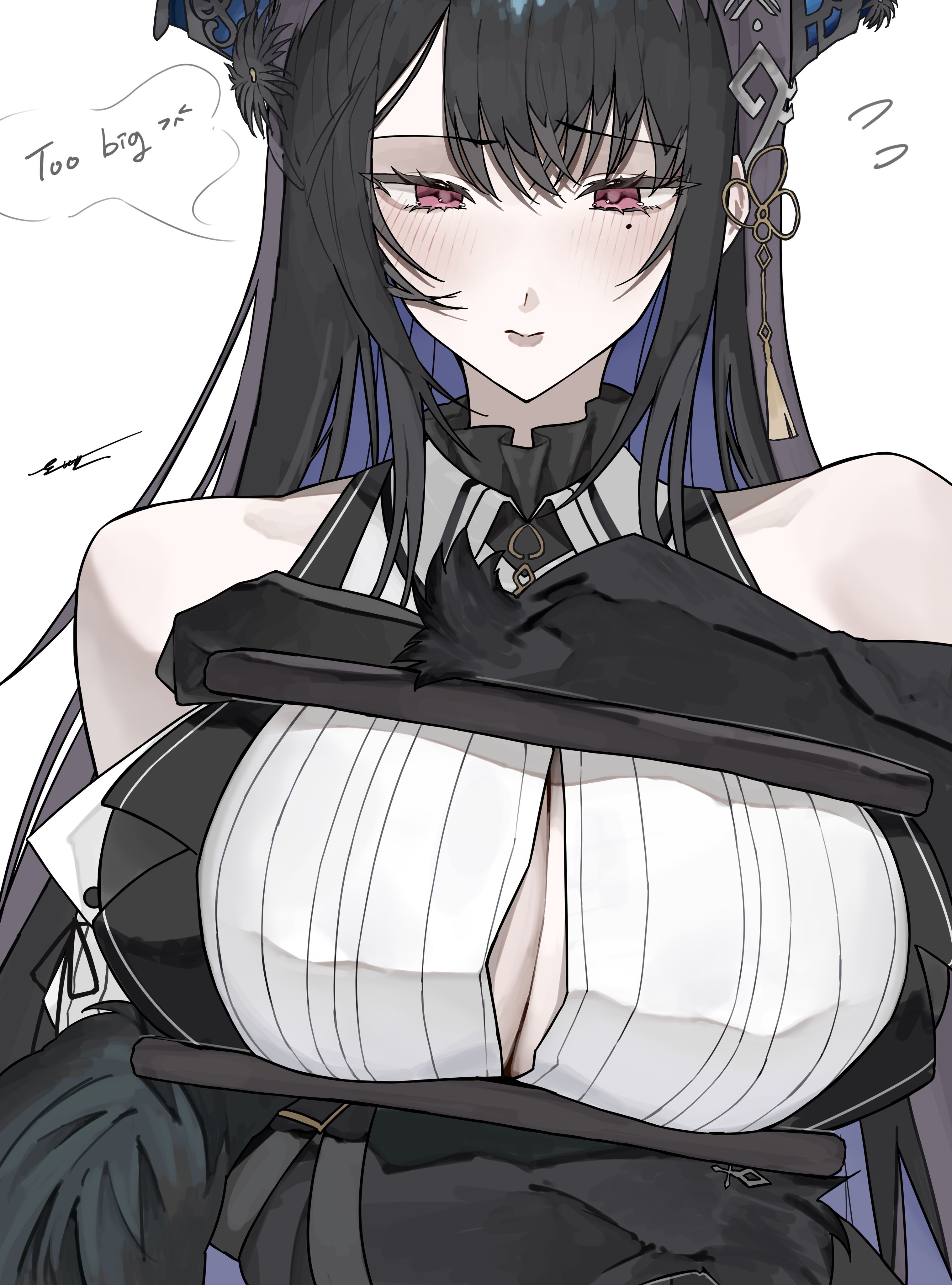 1girls, 2025, bare shoulders, big breasts, black hair, blush, breasts, closed mouth, clothed, clothing, english text, ewn, female, hi res, hololive, hololive english, hololive english -advent-, light skin, light-skinned female, looking at viewer, nerissa ravencroft, nipples visible through clothing, red eyes, sandwiched, shioreos (meme), solo, solo female, sweat, text, virtual youtuber
