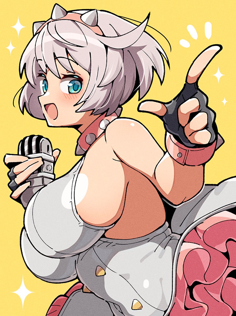 1girls, ahoge, aqua eyes, bare arms, bob cut, bracelet, breasts, collar, dress, elphelt valentine, female, female only, guilty gear, guilty gear strive, hairband, hand up, highres, holding, holding microphone stand, huge ahoge, itsuka neru, jewelry, large breasts, microphone stand, open mouth, pink collar, pink hairband, short hair, sleeveless, sleeveless dress, smile, solo, spiked bracelet, spiked collar, spiked hairband, spikes, upper body, white hair