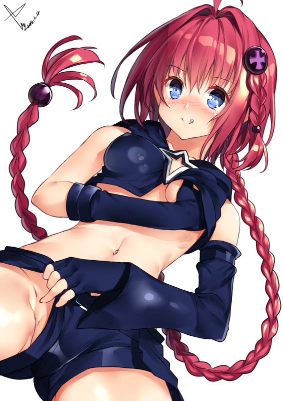 black_gloves blue_eyes blush braid breast_grab come_hither crop_top elbow_gloves female fingerless_gloves gloves grabbing hair_ornament kurosaki_mea licking_lips long_hair looking_at_viewer midriff navel no_panties partially_visible_vulva pointy_chin red_eyes red_hair shorts shorts_aside single_sleeve smile solo tied_hair to_love-ru tongue tongue_out very_long_hair yatsu_(sasuraino)