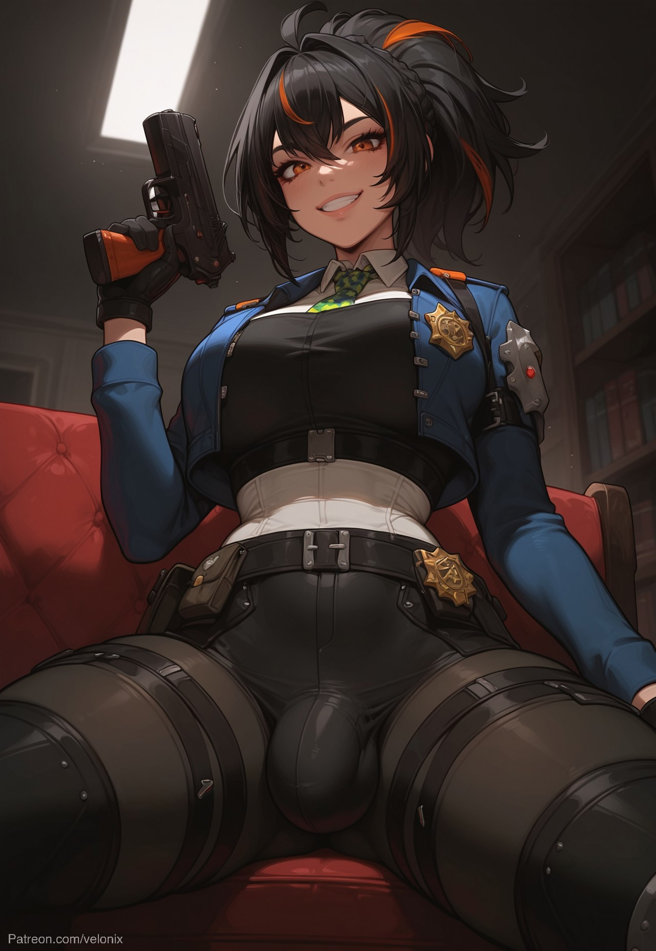1futa, ahoge, ai generated, ass, badge, balls, big ass, big breasts, big butt, big hips, big penis, black hair, breasts, cleavage, cop, dick, dickgirl, eyebrows, eyelashes, futa only, futanari, green tie, grin, grinning, grinning at viewer, hair, hands-free, huge cock, indoors, intersex, jacket, jacket open, lips, long hair, looking at viewer, makeup, narrow waist, narrowed eyes, nose, orange hair, pants, penis, police, police uniform, policewoman, seducing, seductive, seductive eyes, seductive gaze, seductive look, seductive mouth, seductive pose, seductive smile, shirt, smile, smile at viewer, smiley face, smooth balls, smooth penis, smooth skin, solo, solo dickgirl, solo focus, solo futa, straps, testicles, tie, tight clothes, tight clothing, tight fit, two-tone hair, velonix, vest, zenless zone zero, zhu yuan