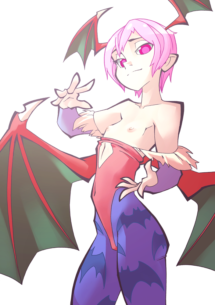 bare_shoulders bat_print bat_wings bridal_gauntlets capcom clothing darkstalkers female flat_chest head_wings leotard lilith_aensland looking_at_viewer nipples pantyhose pink_eyes pink_hair smile solo succubus the_pink_pirate wings