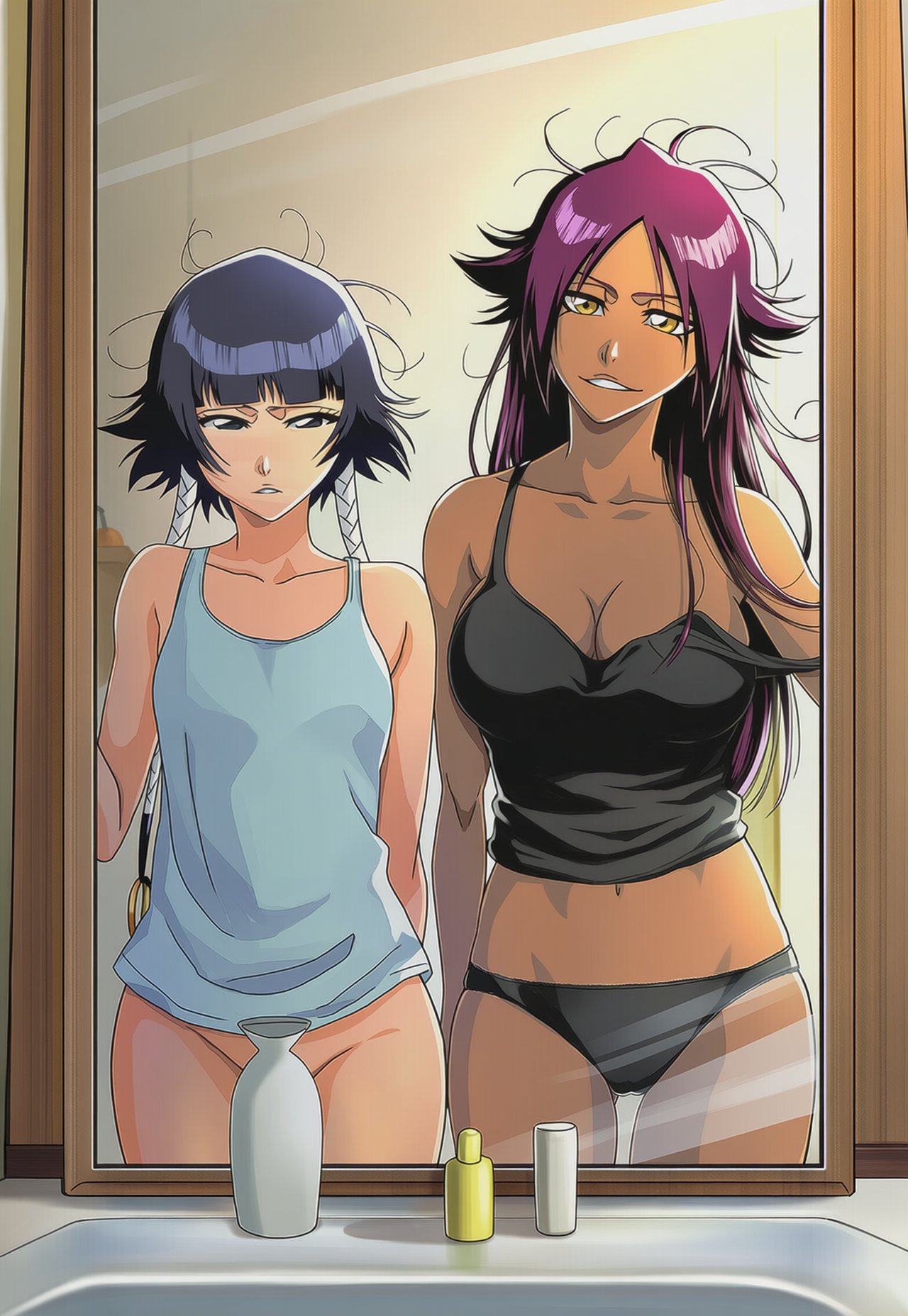 2girls, after sex, ai generated, black hair, bleach, bottomless, bottomless female, convenient censoring, dark skin, dark-skinned female, female, female only, implied sex, long hair, maircy, midriff, mirror, panties, purple hair, pussy, pussy out, shihouin yoruichi, shirt, short hair, smile, soifon, standing, sui-feng, tank top