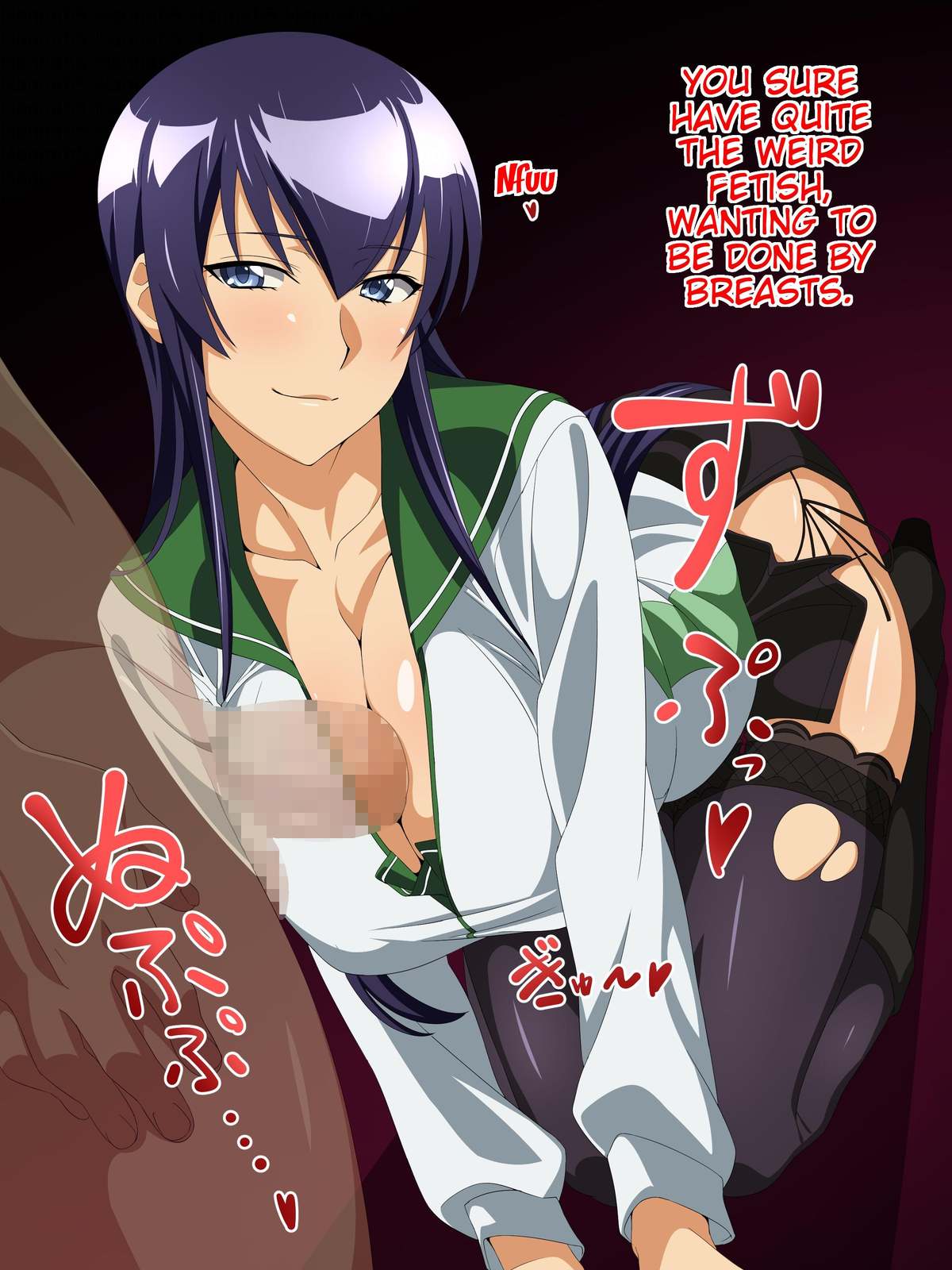 absurdres, blue eyes, blush, boots, breasts, censored, chikuishi, cleavage, english text, female, highres, highschool of the dead, huge breasts, inverted paizuri, legs, long hair, looking at viewer, male, mosaic censoring, paizuri, penis, purple hair, reverse paizuri, saeko busujima, school uniform, simple background, sitting, skirt, smile, solo focus, straight, text, thighhighs, thighs, translated