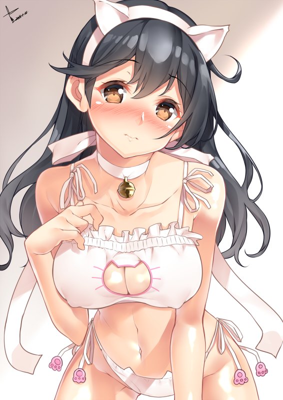 1girls, animal ears, bare shoulders, bell, bell choker, black hair, blush, bra, breasts, brown eyes, cat cutout, cat ear panties, cat ears, cat keyhole bra, cat lingerie, choker, cleavage, cleavage cutout, collarbone, covered nipples, erect nipples, fake animal ears, female, hair, hairband, hand on own chest, kantai collection, large breasts, leaning forward, looking at viewer, navel, nipples, nose blush, panties, pointy chin, ribbon choker, side-tie panties, solo, underwear, underwear only, ushio (kantai collection), white bra, white panties, yatsu (sasuraino)