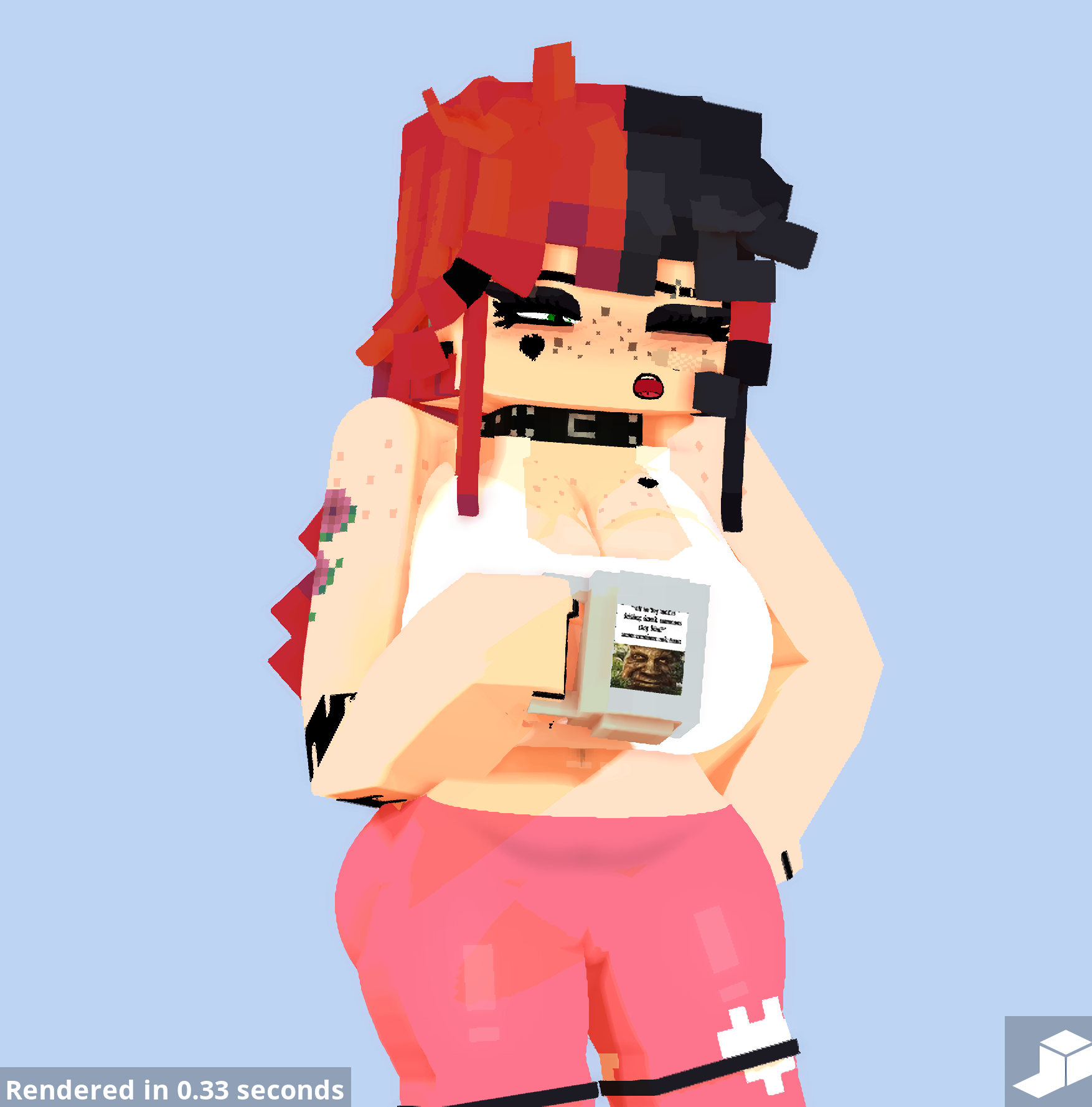 1girls, 3d, arm tattoo, bare arms, bare shoulders, black eyeshadow, black lipstick, black nail polish, black nails, breasts, cameltoe, choker, cleavage, clothed, clothed female, ear piercing, ellie walls (odysseyellie), eyeshadow, face tattoo, female, female only, freckles, freckles on breasts, freckles on face, freckles on shoulders, goth, goth girl, green eyes, hand on hip, heart tattoo, holding object, light skin, light-skinned female, lipstick, long hair, mine-imator, minecraft, multicolored hair, nail polish, odysseyellie, one eye closed, open mouth, painted nails, pussy, solo, solo female, standing, tagme, tattoo, tattoo on chest, tattoo on face, tattooed arm, tattoos, tight clothing, tongue