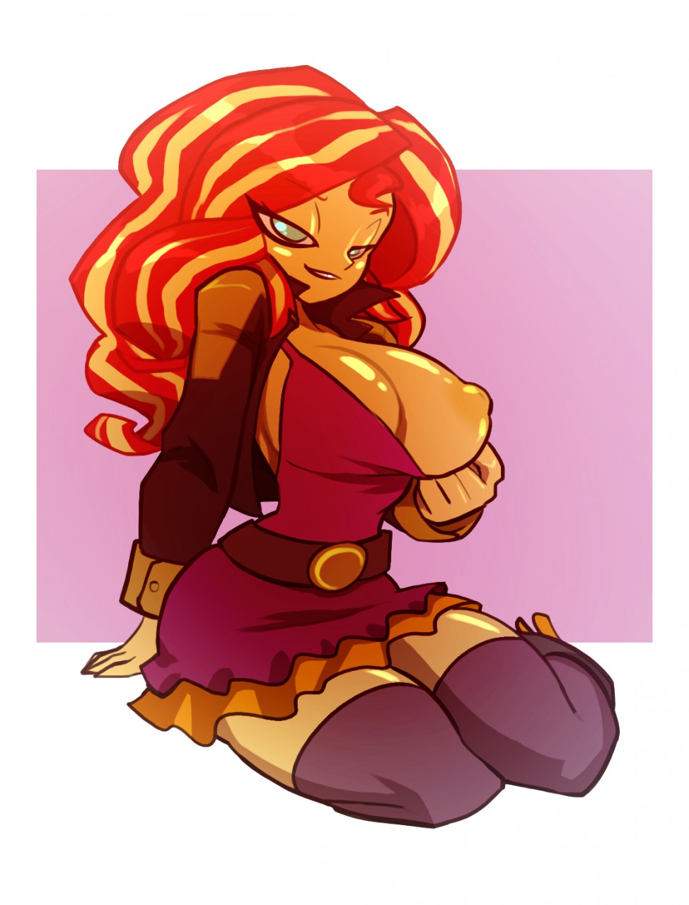 asking for it, bedroom eyes, bigdad, boobs out, breasts, busty, cleavage, equestria girls, female, leggings, lighting, my little pony, seductive look, sunset shimmer, titties, top pull