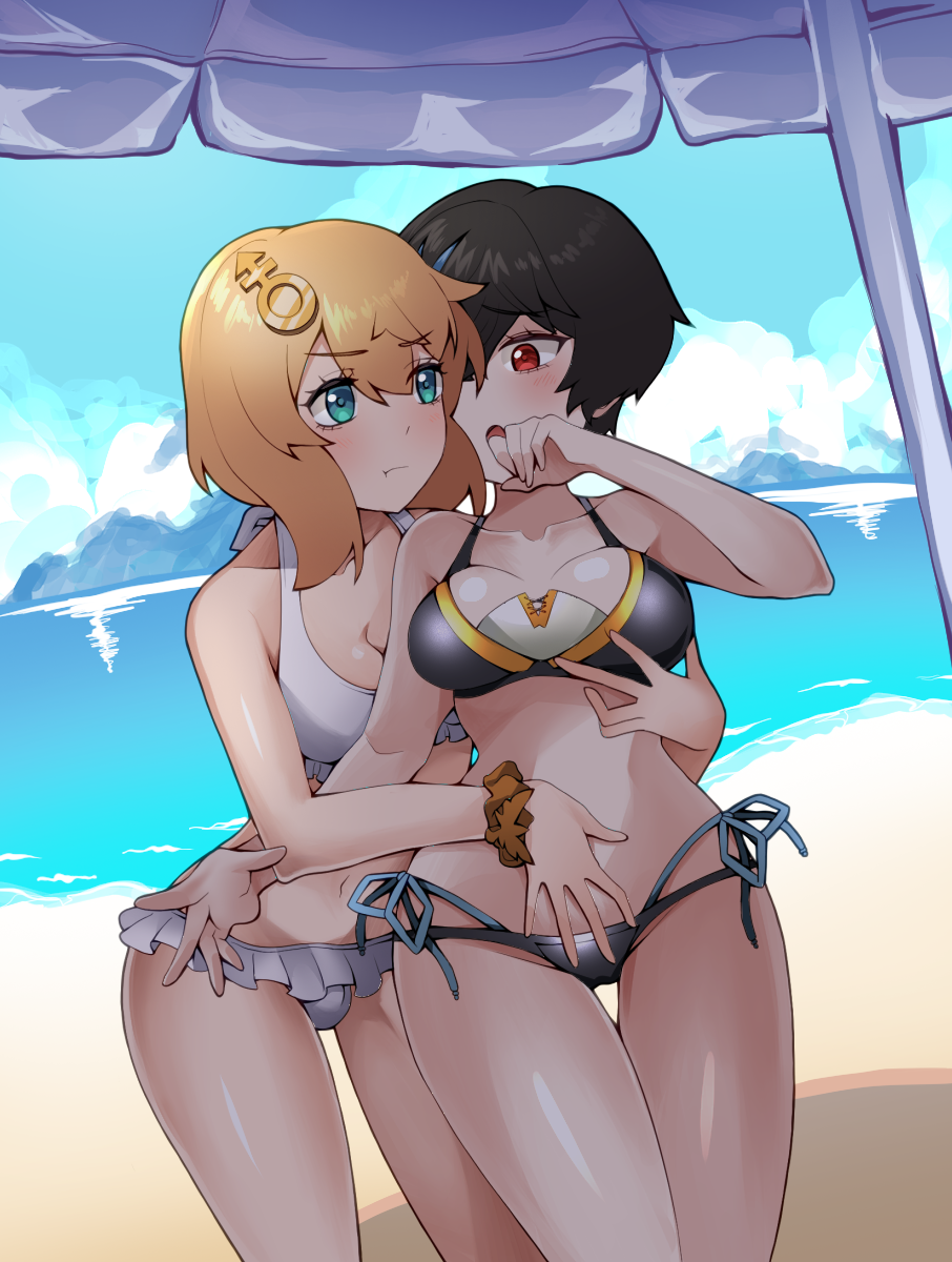 1futa 1girls androgyne_symbol beach beach_umbrella bikini black_hair blonde_hair breasts bridget bulge female frilled_bikini frills futa_with_female futanari genderswap_(mtf) grabbing_another's_breast grabbing_from_behind groping guilty_gear guilty_gear_strive hair_ornament hand_on_another's_stomach highres medium_breasts multicolored_hair n0_image side-tie_bikini_bottom streaked_hair swimsuit thigh_gap umbrella unika_(guilty_gear)