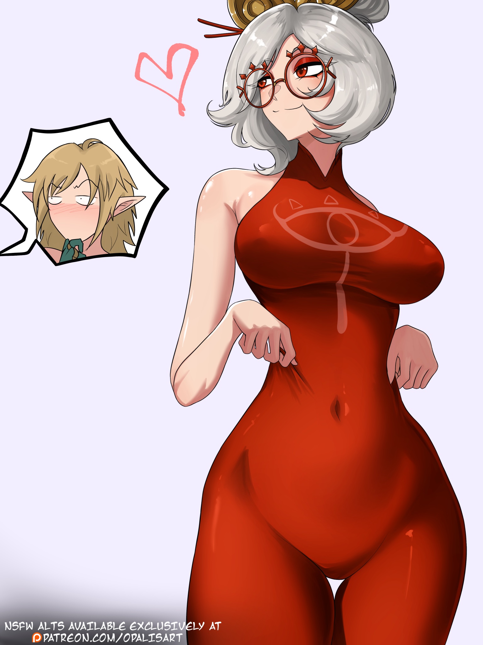1boy, 1girls, absurd res, big breasts, bodysuit, breasts, breath of the wild, clothed, clothed female, female, glasses, hi res, huge breasts, large breasts, latex, light skin, light-skinned female, link, link (tears of the kingdom), long hair, male, nintendo, opalisart, purah, purah (tears of the kingdom), tears of the kingdom, the legend of zelda, thick thighs, tight clothing, uncensored, voluptuous, white hair, wide hips