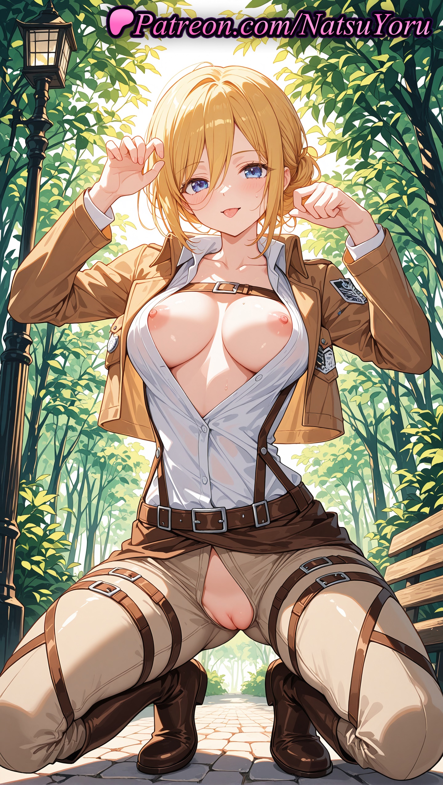 1girls, 2025, ai generated, attack on titan, bangs, belt, bench, blonde hair, blue eyes, blush, boots, breasts, brown footwear, brown jacket, clothing, collarbone, collared shirt, cropped jacket, dress shirt, emblem, female, hi res, highres, historia reiss, jacket, long sleeves, looking at viewer, makeup, natsuyoru, nipples, open clothes, open jacket, open mouth, open shirt, outdoors, pants, park bench, partially unbuttoned, patreon, paw pose, pussy, shingeki no kyojin, shirt, short hair, smile, solo, squatting, tongue, tongue out, voluptuous, voluptuous female, white shirt