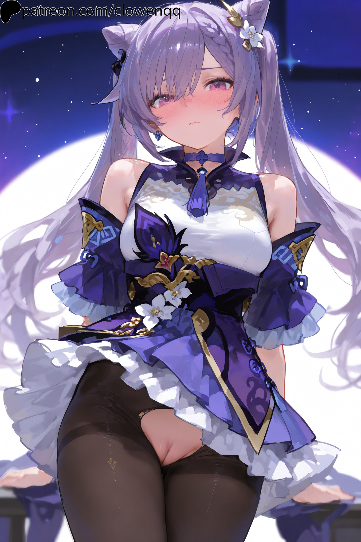 1girls, ai assisted, ai generated, blush, closed mouth, clowenqq, detached sleeves, dress, exposed pussy, female, female focus, female only, front view, genshin impact, keqing (genshin impact), long hair, looking at viewer, no panties, pantyhose, pink eyes, purple hair, pussy, solo, solo female, solo focus, standing, thighs, torn legwear, torn pantyhose, uncensored
