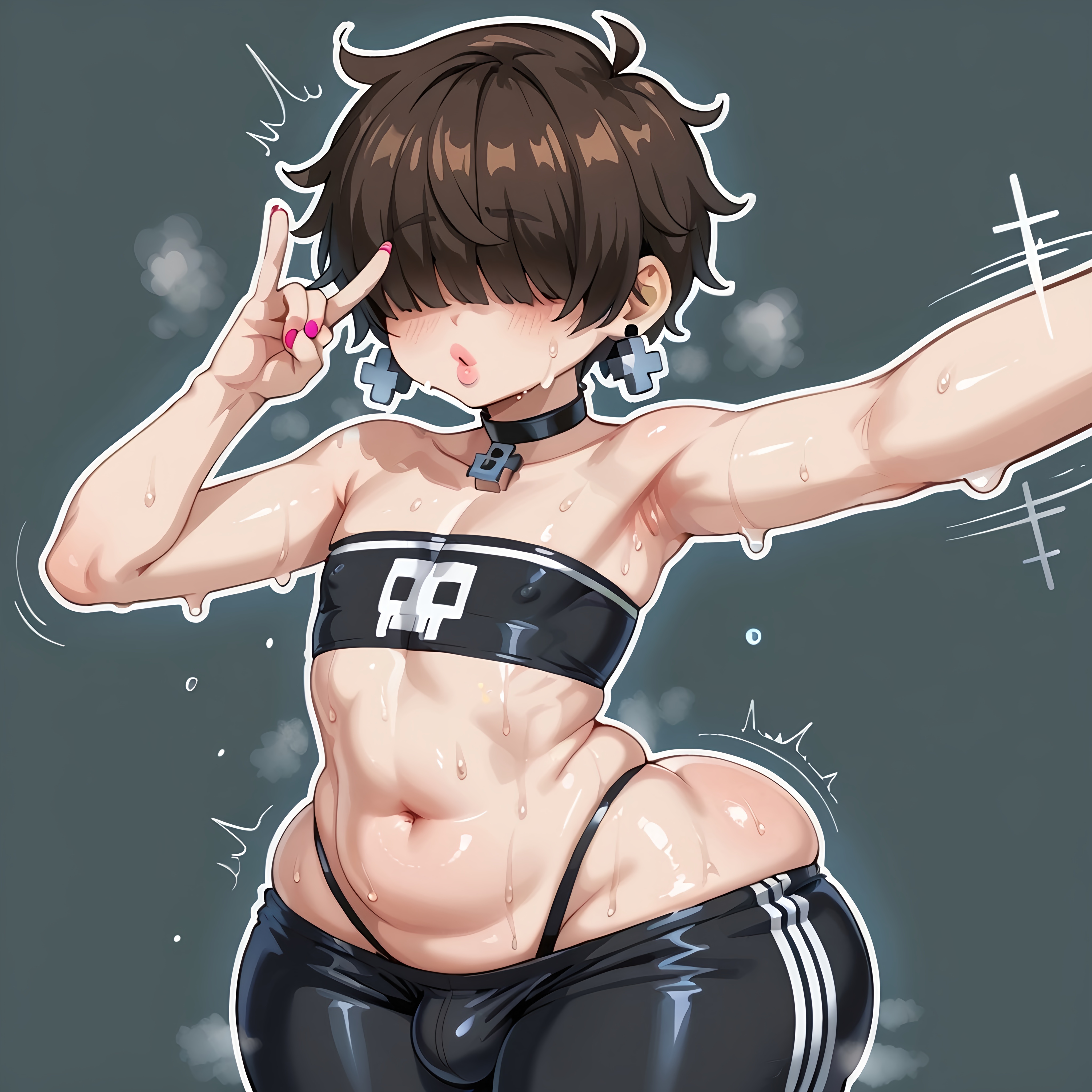 1boy, ai generated, ass, big ass, bottom heavy, brown hair, bulge, earings, femboy, fully clothed, male, plump lips, selfie, short hair, thick thighs, tight clothing, wide hips