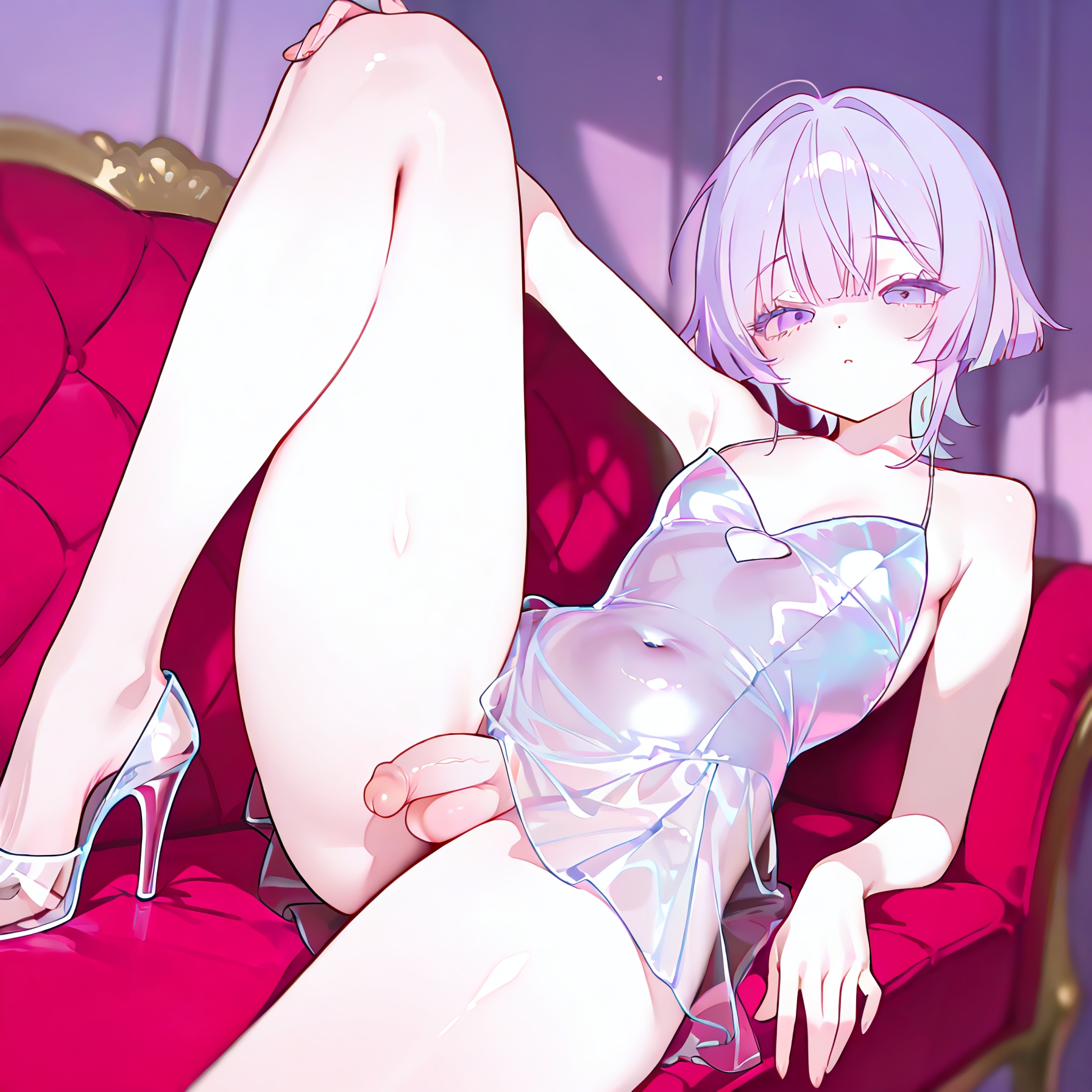 1boy, ai generated, crossdressing, cute, cute face, cute male, feet, feet visible through clothing, femboy, feminine, feminine male, girly, heels, high heels, male, myriel, penis, pink eyes, pink hair, reneenjoyer, sofa, solo femboy, toes, toes visible through clothing, transparent clothing